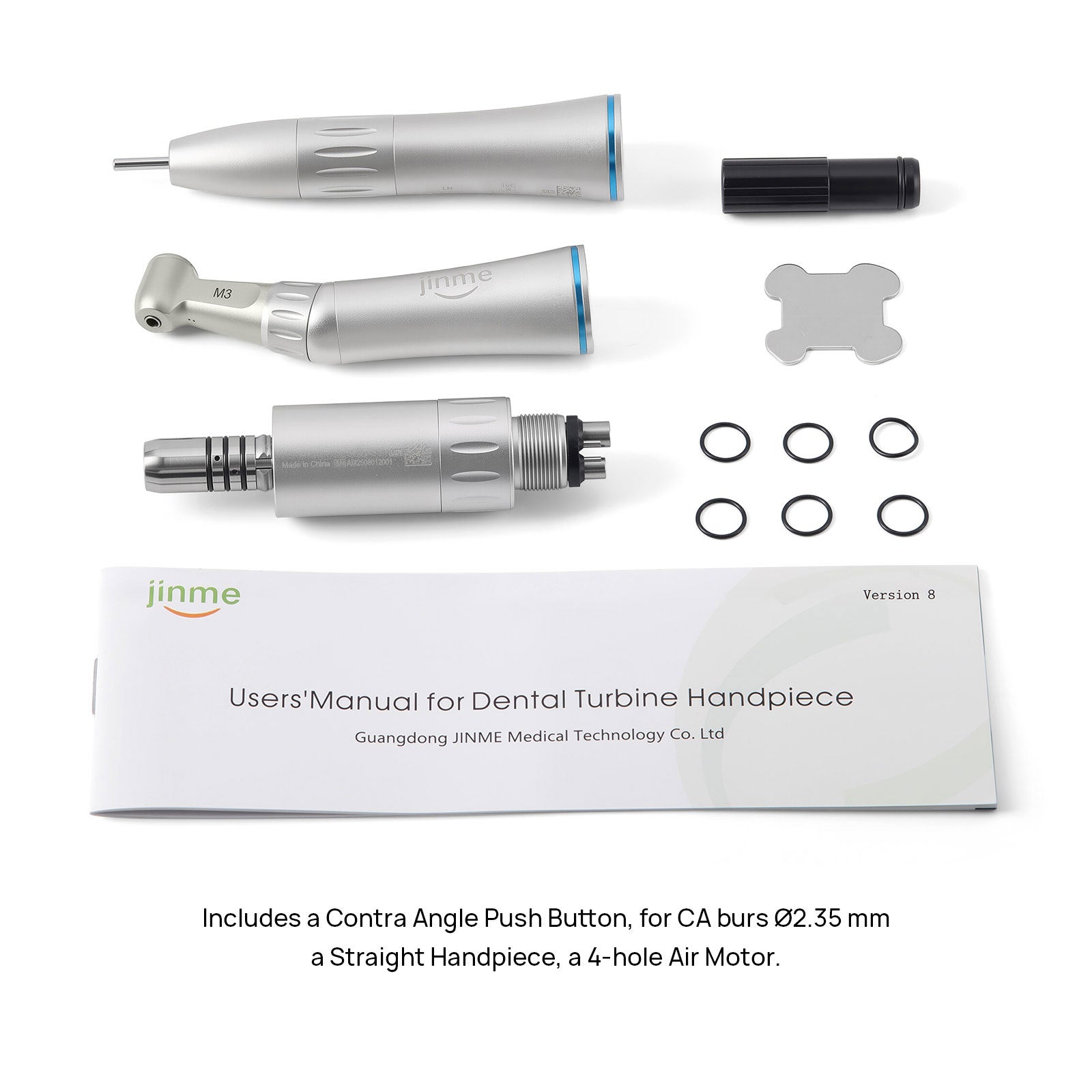 Jinme LN Low Speed Handpiece Kit 1:1 Inner Channel 4 Hole Contra Angle Straight Handpiece & Air Motor - azdentall.com