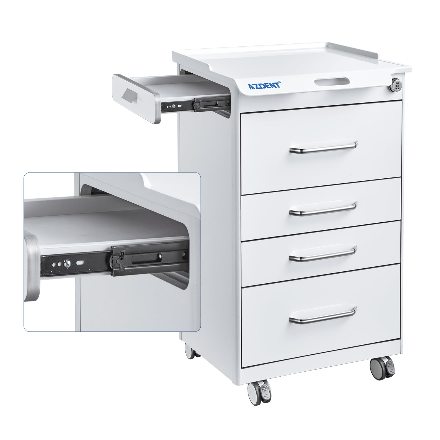 AZDENT Dental Mobile Cabinet Cart 4 Drawers with Hidden Side Auxiliary Drawer Combination Lock Silent Casters and Power Socket  - azdentall.com