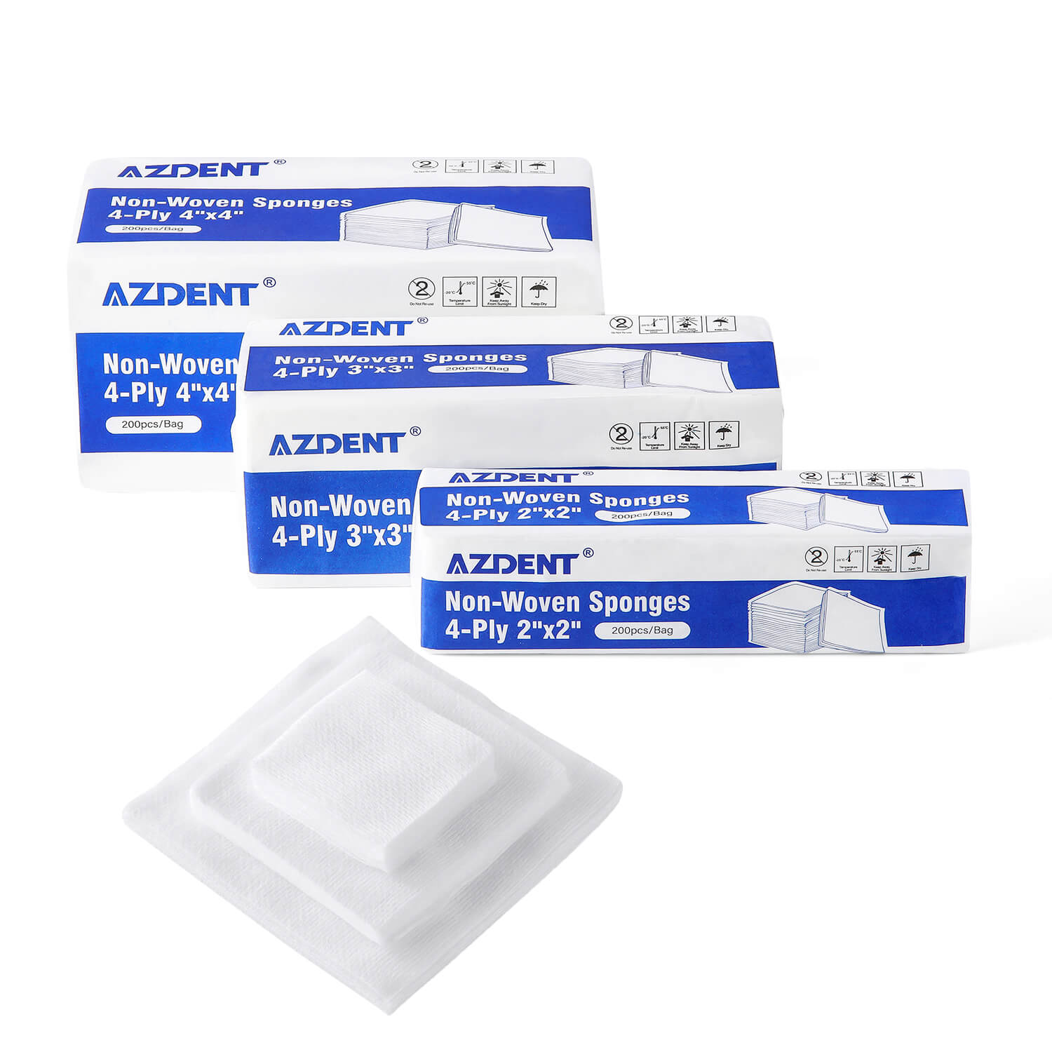 AZDENT Dental Gauze Pads Non-Woven Sponge 4-Ply Non-Sterile 3 Sizes 200pcs/Bag