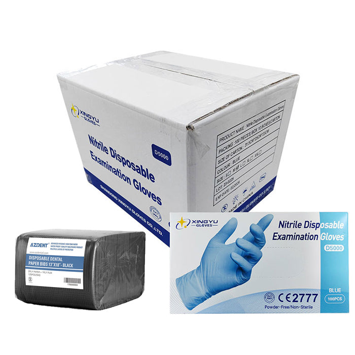 Disposable Nitrile Exam Gloves Blue + Free Dental Bibs