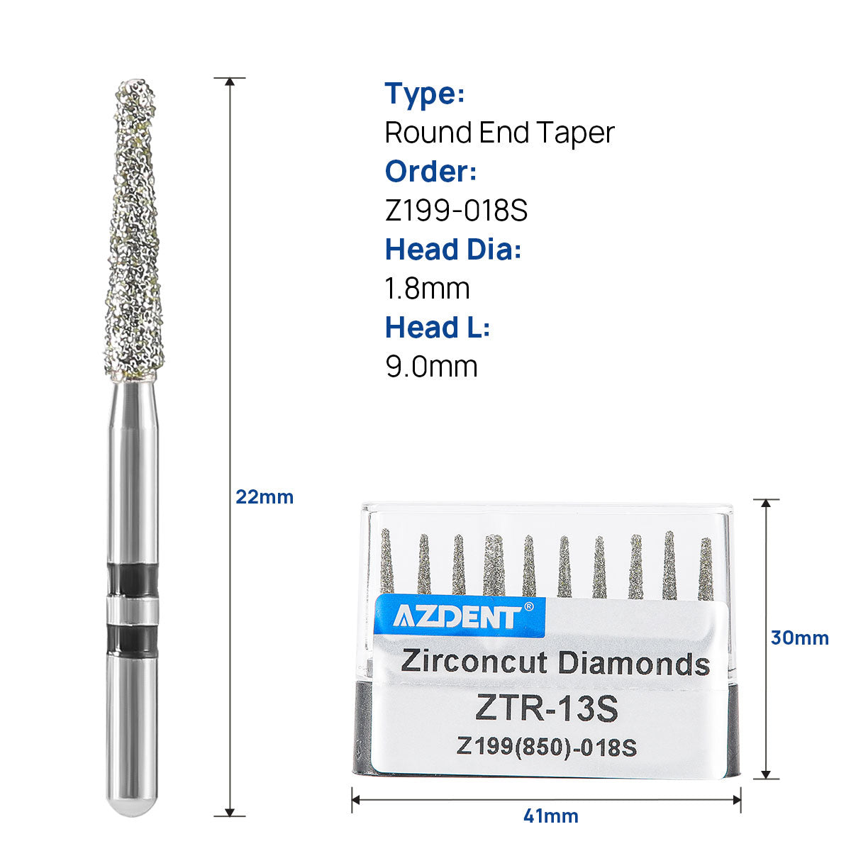 AZDENT Dental Diamond Burs FG Cutting Zirconia Ceramic Round End Taper for High Speed Handpiece Z199-018S 10pcs/Box - azdentall.com