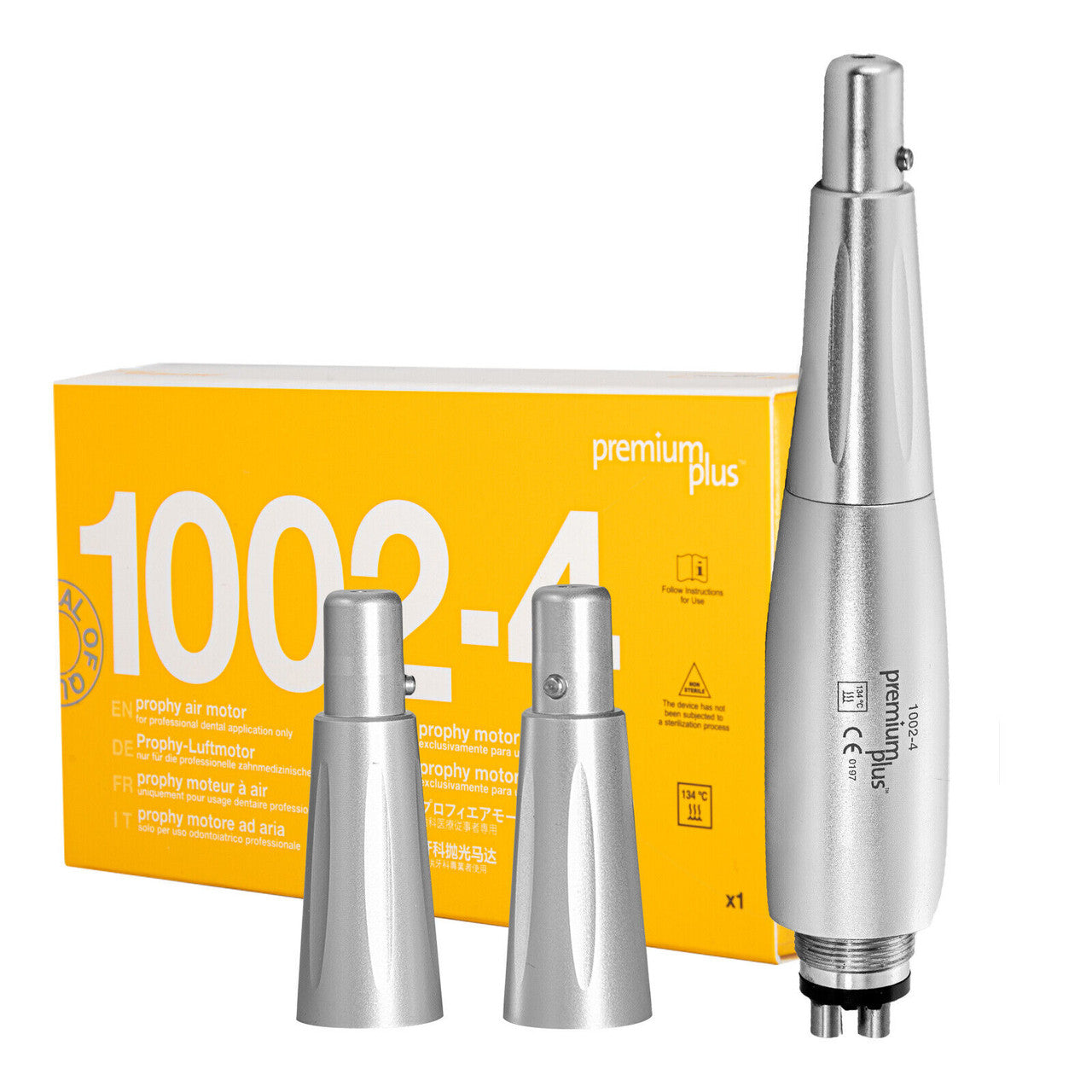 Premium Plus Dental Prophy Angle Hygiene Air Motor Handpiece 4 Holes with 3 Nose Cones 4:1 Reduction 360° Swivel - azdentall.com