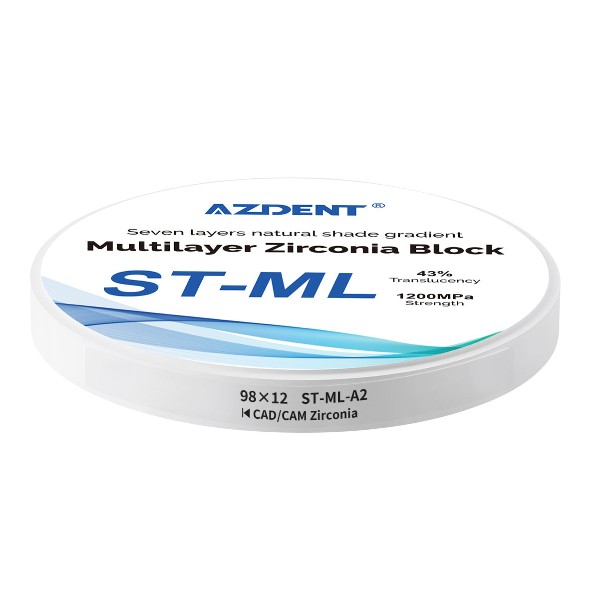 AZDENT Dental ST-ML Multilayer Zirconia Block Seven Layers Natural Shade Gradient A2 98*12mm - azdentall.com