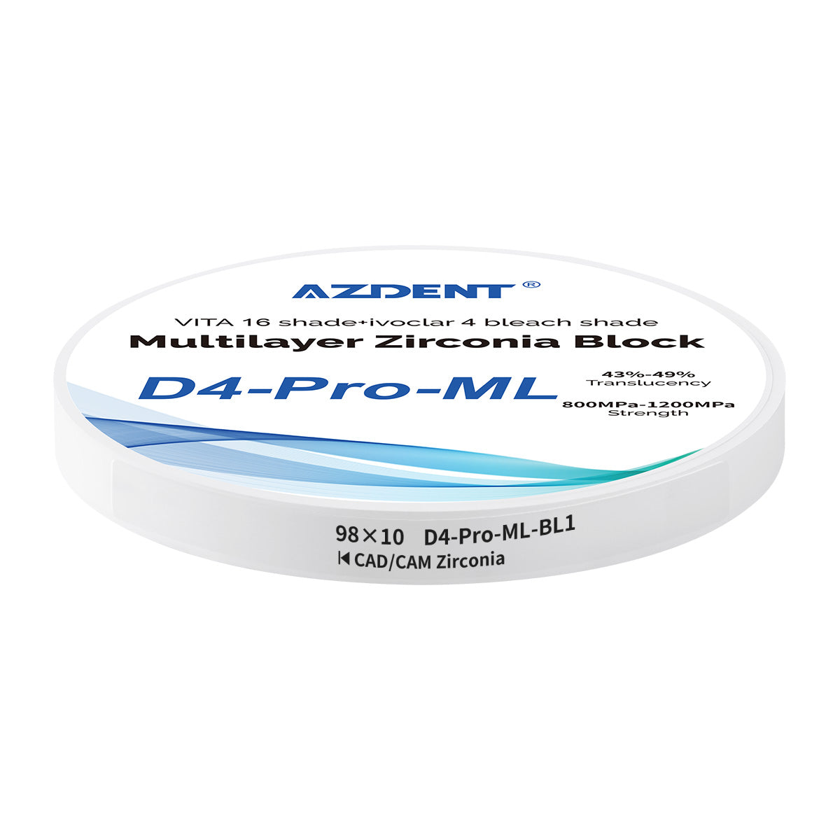 AZDENT Dental D4-Pro-ML Multilayer Zirconia Block VITA 16 Shade&Ivoclar 4 Bleach Shade BL1 98*10mm - azdentall.com