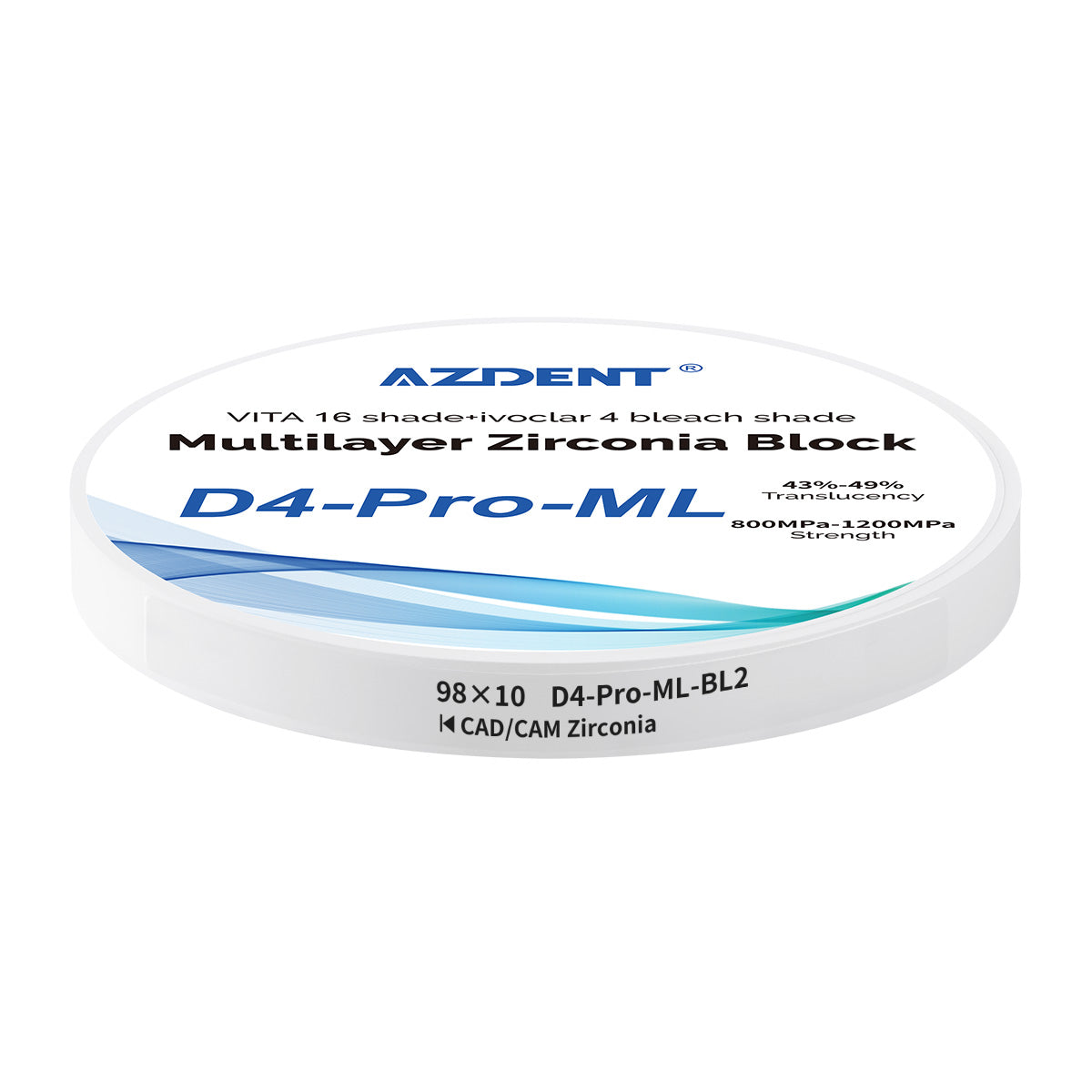 AZDENT Dental D4-Pro-ML Multilayer Zirconia Block VITA 16 Shade&Ivoclar 4 Bleach Shade BL2 98*10mm - azdentall.com