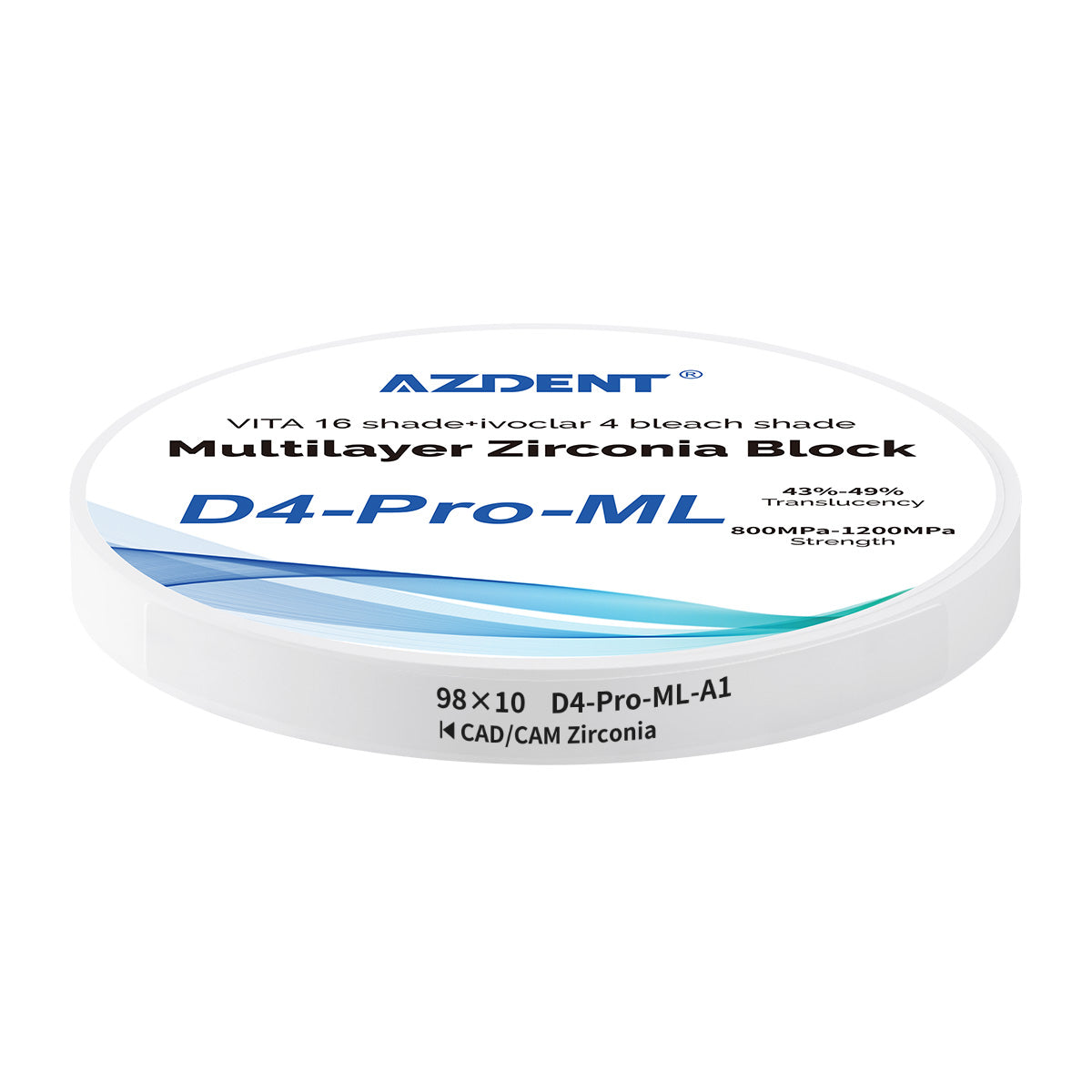 AZDENT Dental D4-Pro-ML Multilayer Zirconia Block VITA 16 Shade&Ivoclar 4 Bleach Shade A1 98*10mm - azdentall.com