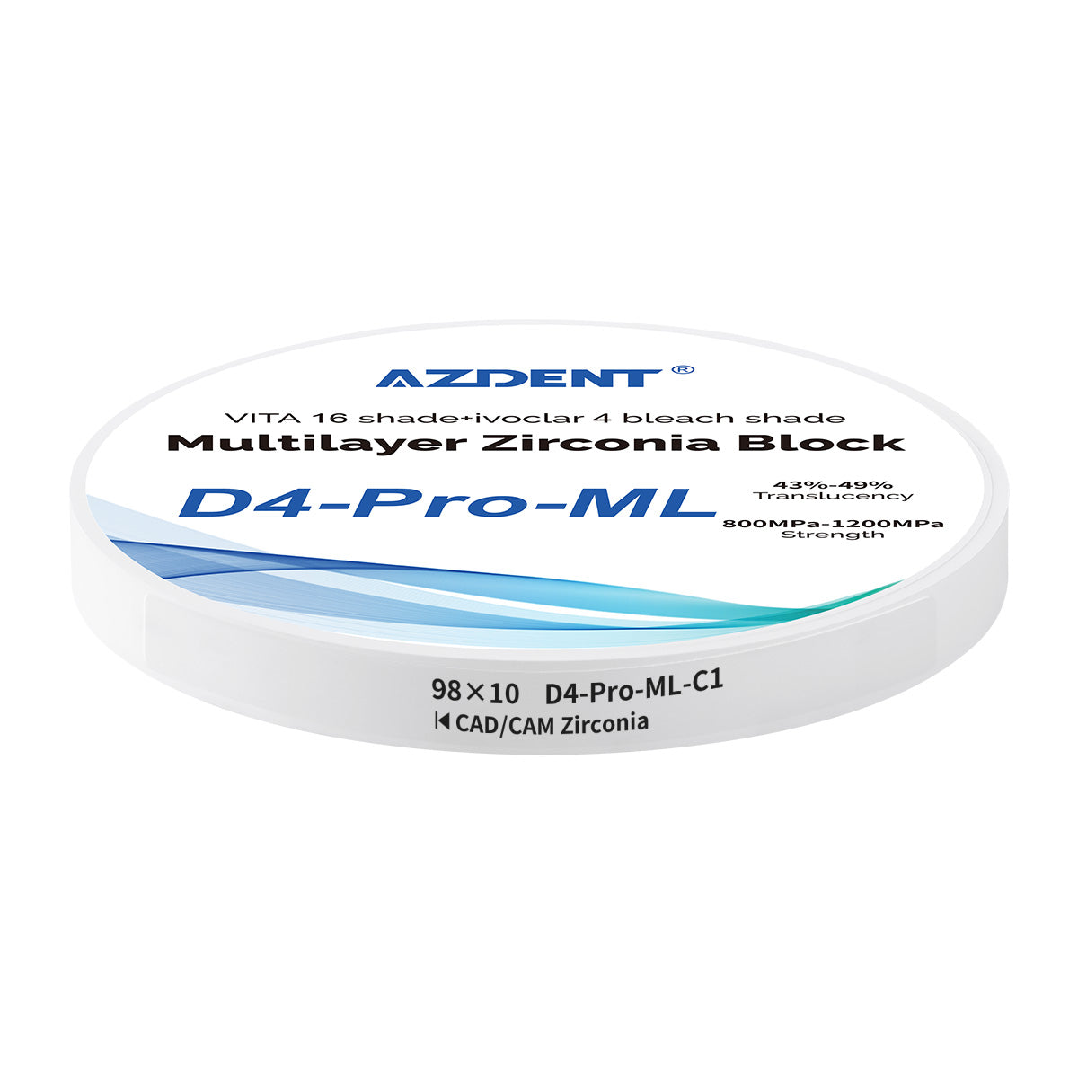 AZDENT Dental D4-Pro-ML Multilayer Zirconia Block VITA 16 Shade&Ivoclar 4 Bleach Shade C1 98*10mm - azdentall.com