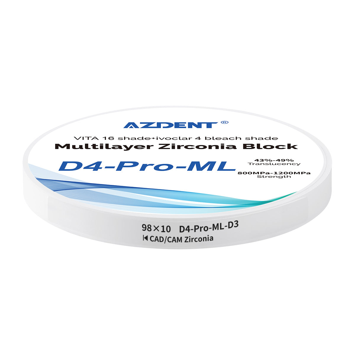 AZDENT Dental D4-Pro-ML Multilayer Zirconia Block VITA 16 Shade&Ivoclar 4 Bleach Shade D3 98*10mm - azdentall.com