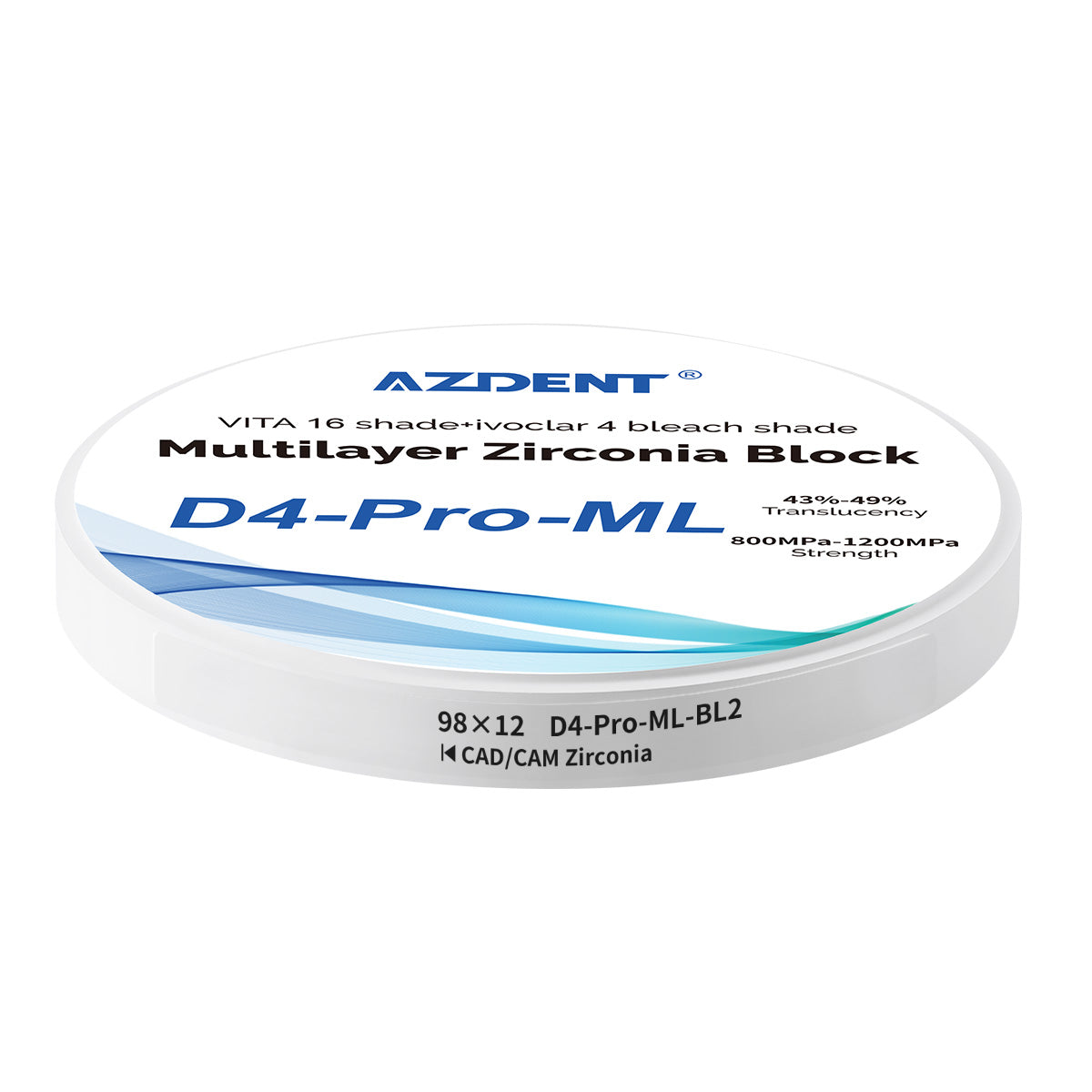 AZDENT Dental D4-Pro-ML Multilayer Zirconia Block VITA 16 Shade&Ivoclar 4 Bleach Shade BL2 98*12mm - azdentall.com