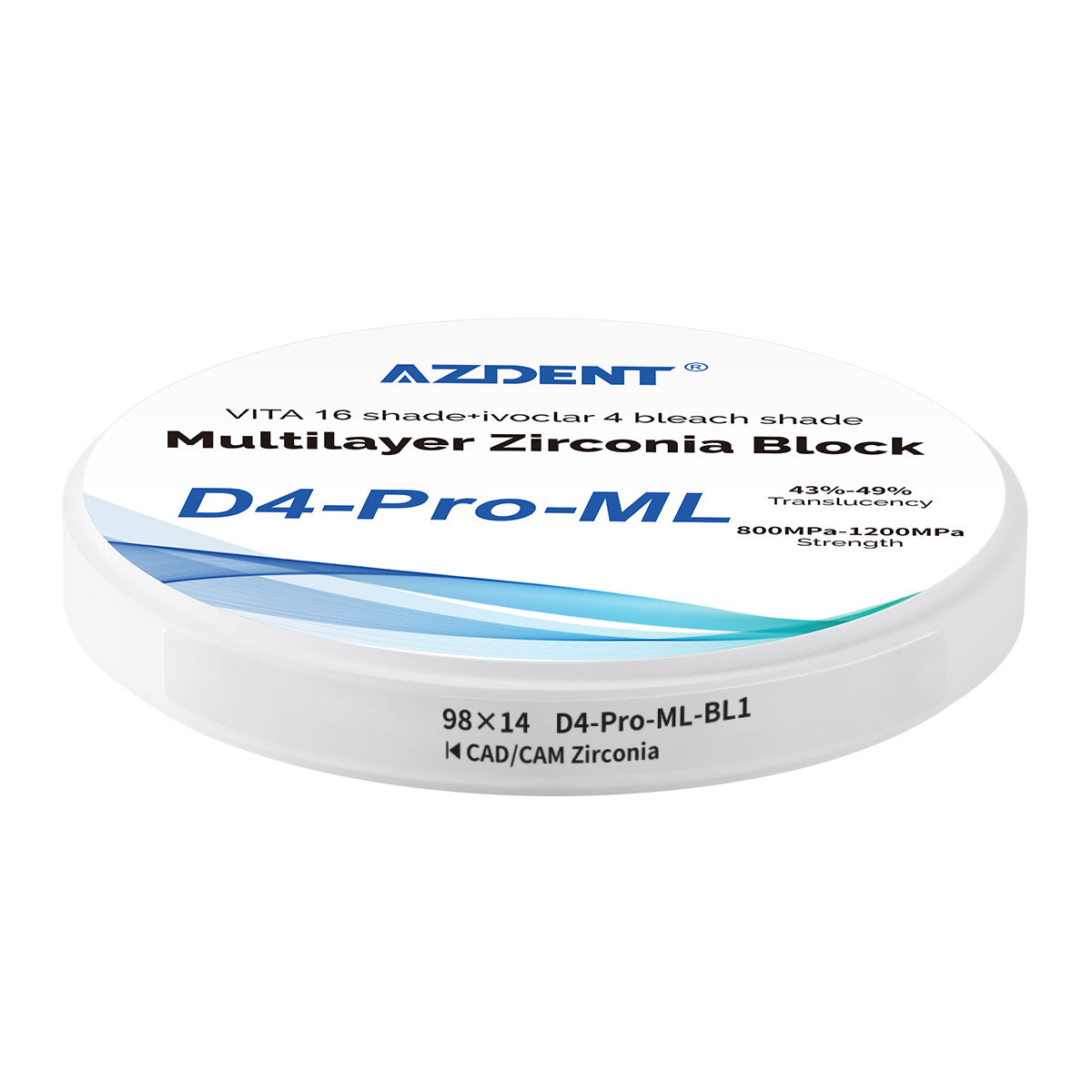 AZDENT Dental D4-Pro-ML Multilayer Zirconia Block VITA 16 Shade&Ivoclar 4 Bleach Shade BL1 98*14mm - azdentall.com