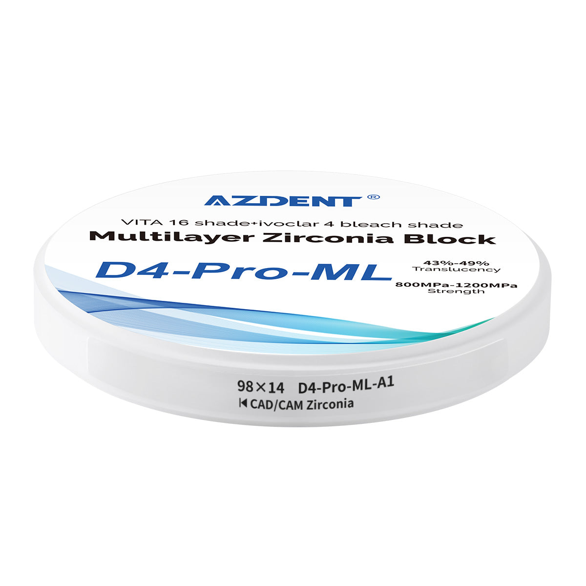 AZDENT Dental D4-Pro-ML Multilayer Zirconia Block VITA 16 Shade&Ivoclar 4 Bleach Shade A1 98*14mm - azdentall.com