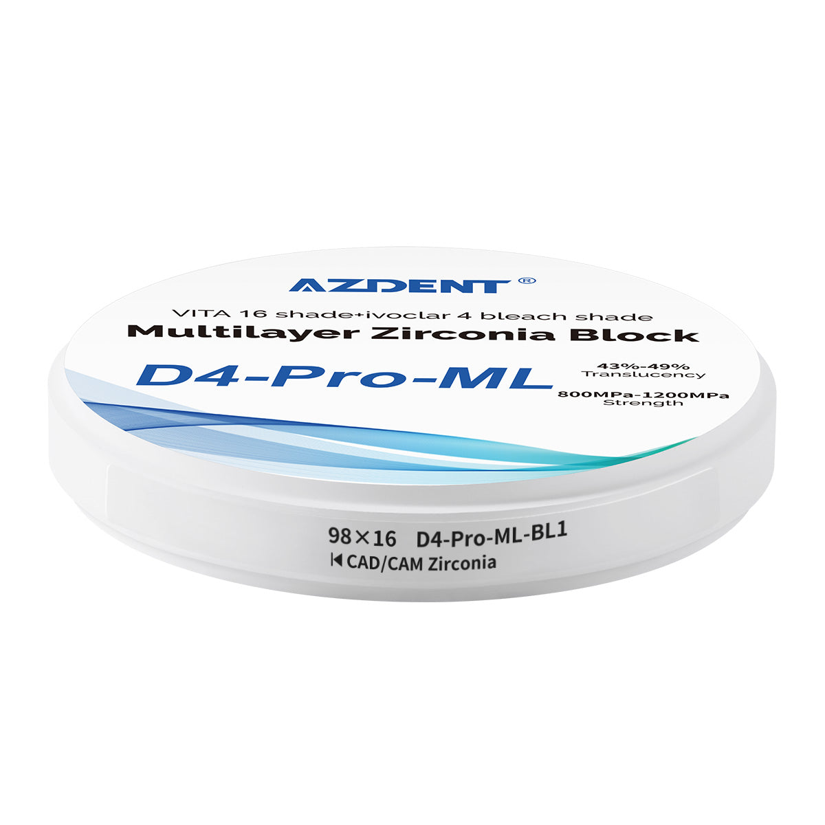 AZDENT Dental D4-Pro-ML Multilayer Zirconia Block VITA 16 Shade&Ivoclar 4 Bleach Shade BL1 98*16mm - azdentall.com