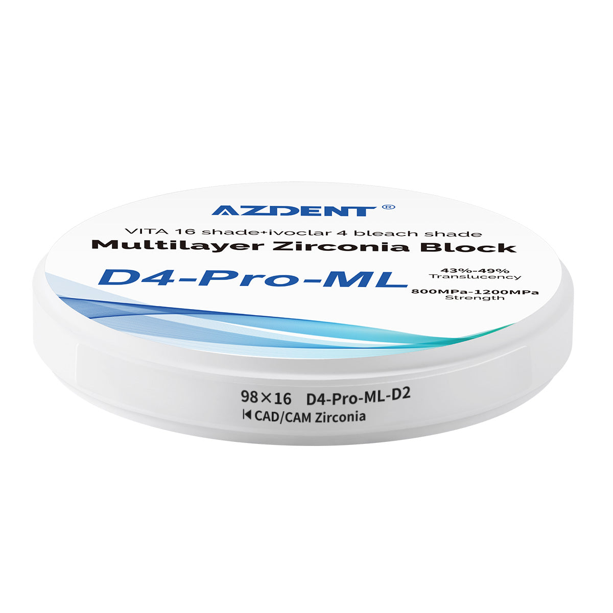 AZDENT Dental D4-Pro-ML Multilayer Zirconia Block VITA 16 Shade&Ivoclar 4 Bleach Shade D2 98*16mm - azdentall.com