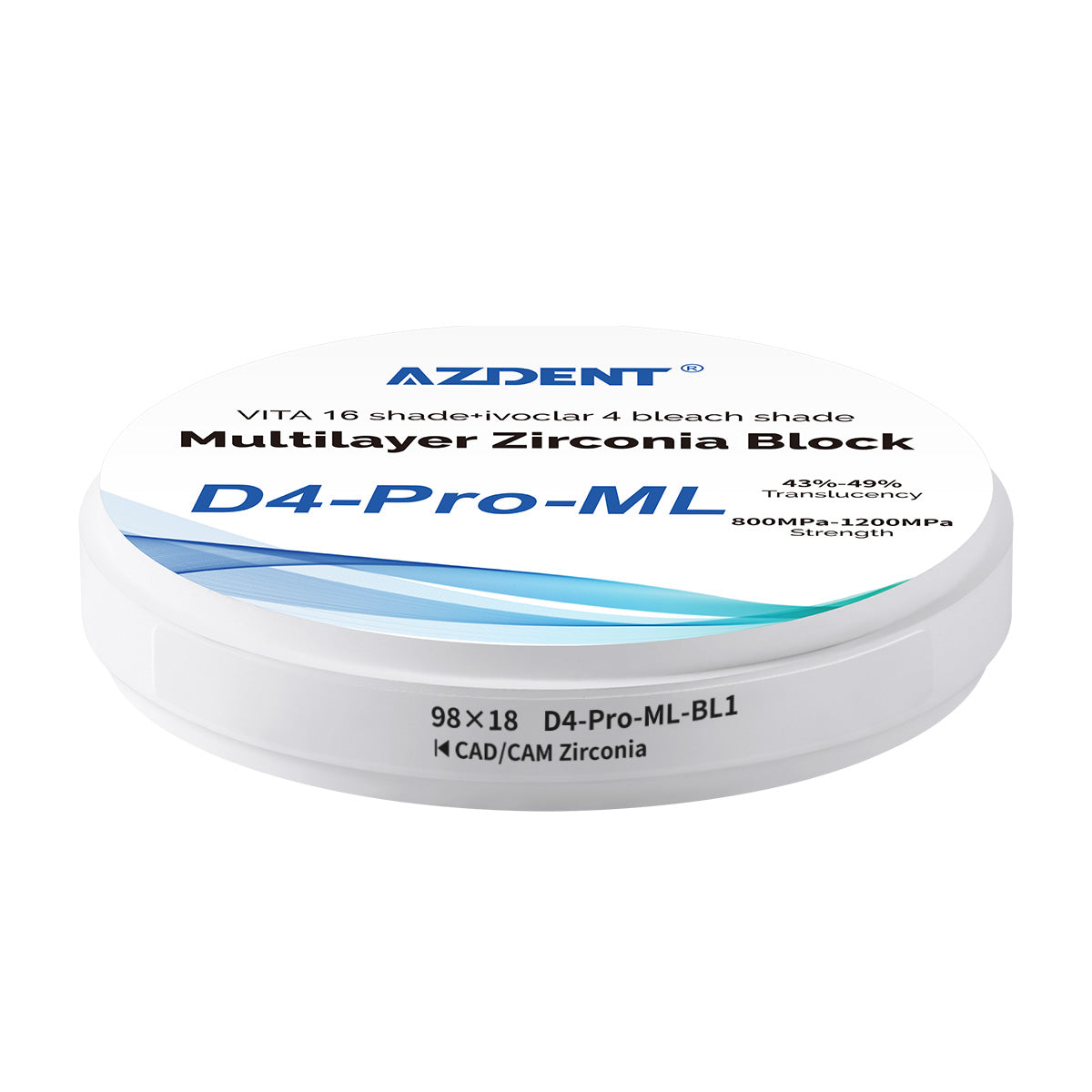 AZDENT Dental D4-Pro-ML Multilayer Zirconia Block VITA 16 Shade&Ivoclar 4 Bleach Shade BL1 98*18mm - azdentall.com