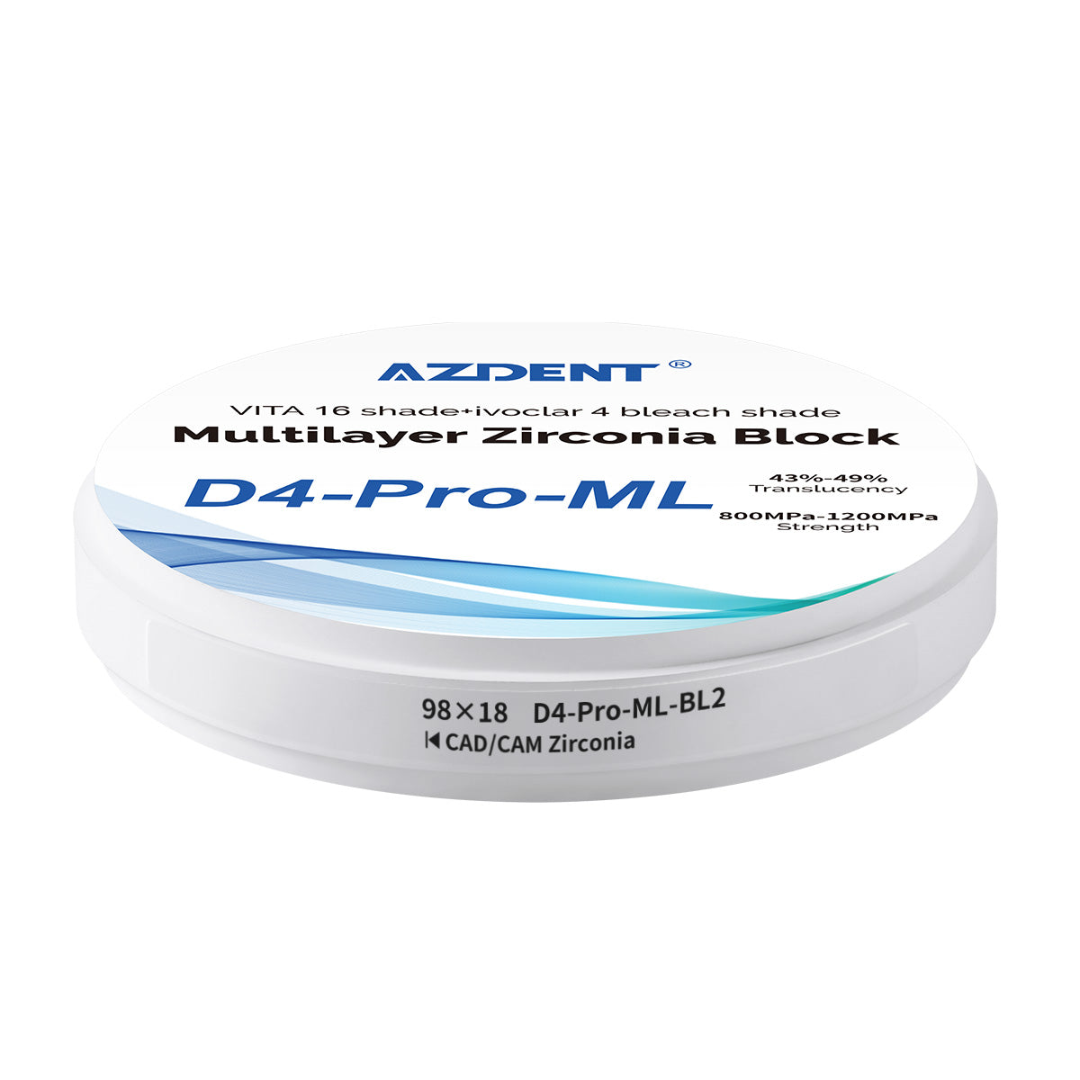 AZDENT Dental D4-Pro-ML Multilayer Zirconia Block VITA 16 Shade&Ivoclar 4 Bleach Shade BL2 98*18mm - azdentall.com