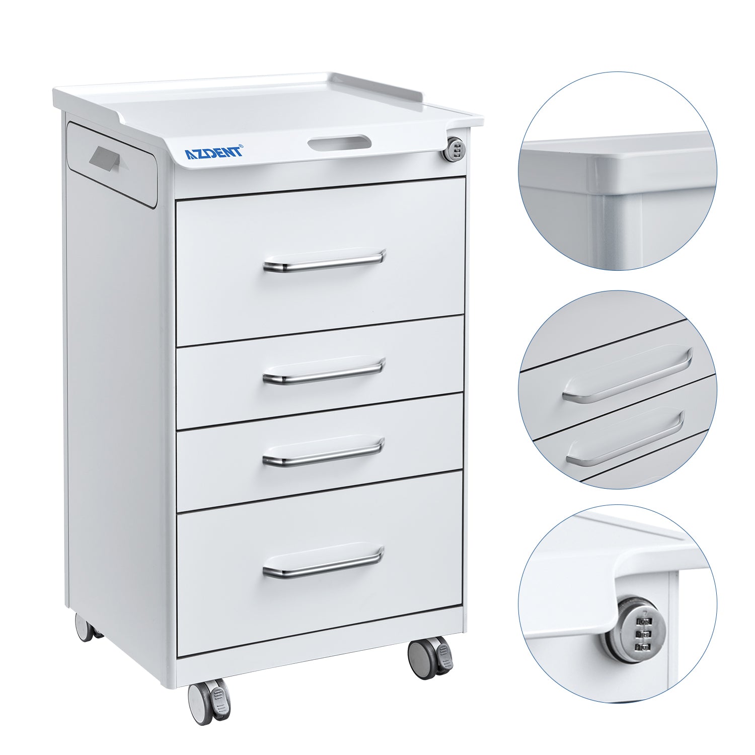 AZDENT Dental Mobile Cabinet Cart 4 Drawers with Hidden Side Auxiliary Drawer Combination Lock Silent Casters and Power Socket  - azdentall.com