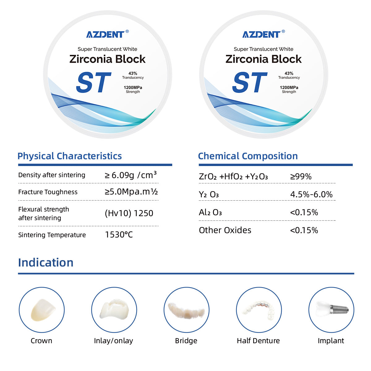 AZDENT Dental ST White Zirconia Block Disc Super Translucent 98mm - azdentall.com