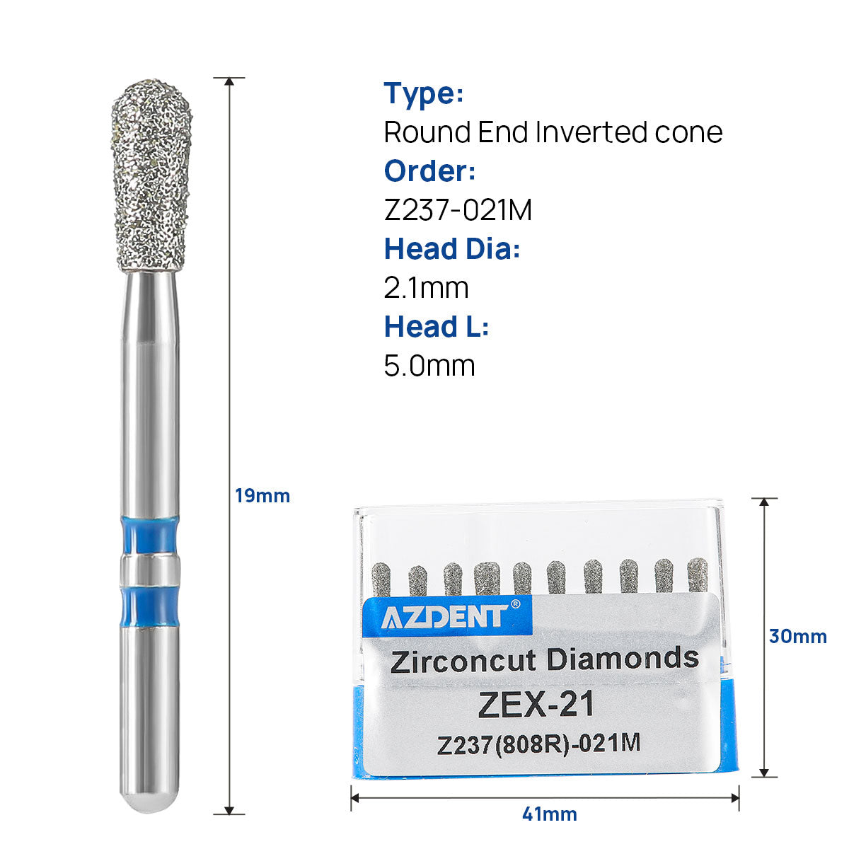 AZDENT Dental Diamond Burs FG Cutting Zirconia Ceramic Round End Inverted Cone for High Speed Handpiece Z237-021M 10pcs/Box - azdentall.com