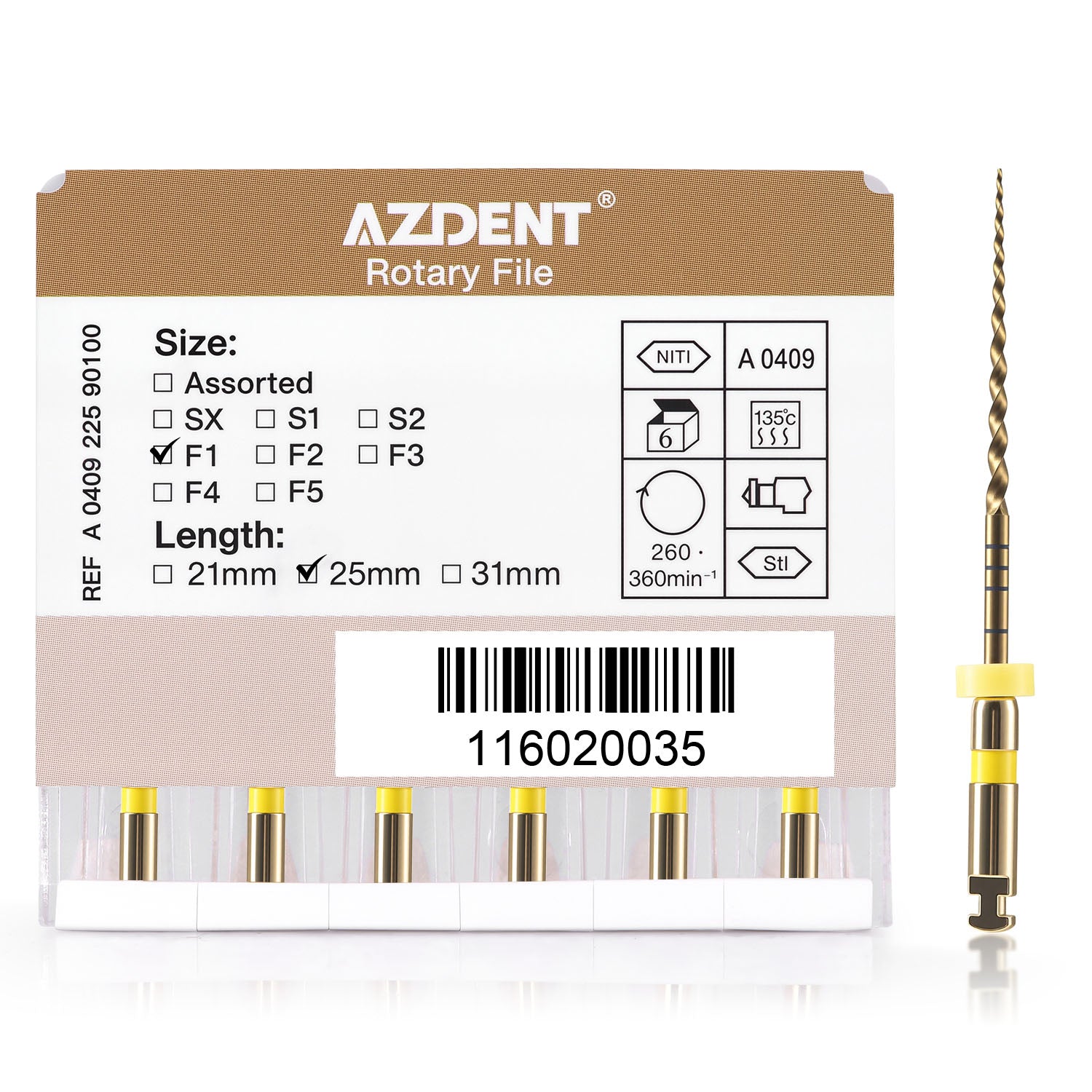 AZDENT Dental NiTi Rotary Engine Files 25mm F1 Gold 6pcs/Pk- azdentall.com