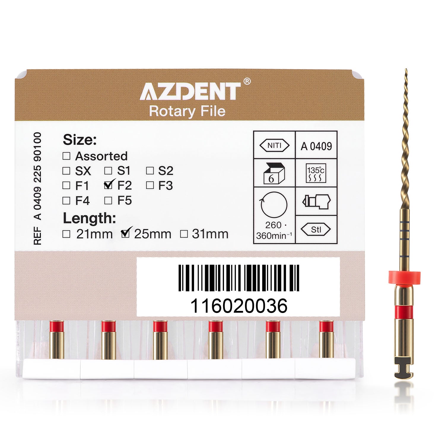 AZDENT Dental NiTi Rotary Engine Files 25mm F2 Gold 6pcs/Pk- azdentall.com