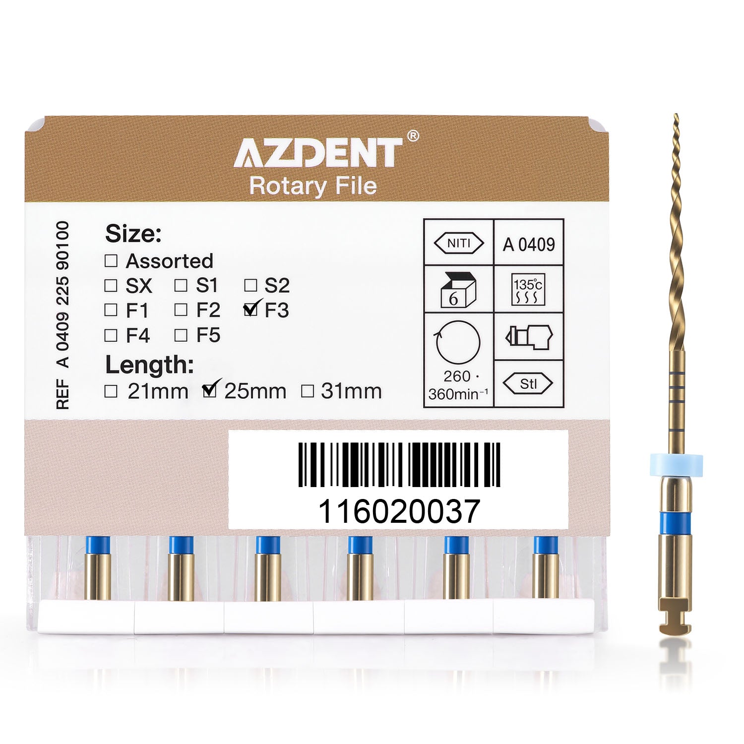 AZDENT Dental NiTi Rotary Engine Files 25mm F3 Gold 6pcs/Pk- azdentall.com