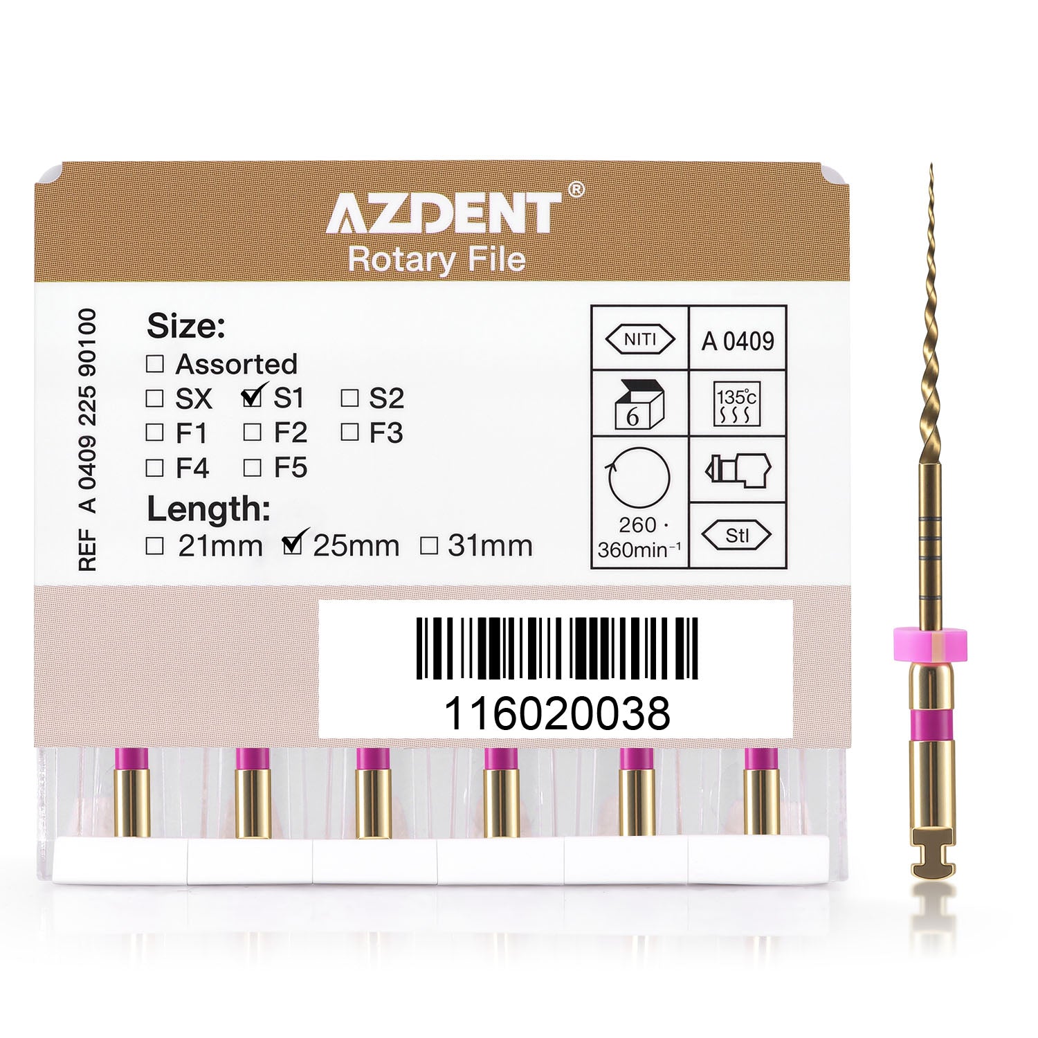 AZDENT Dental NiTi Rotary Engine Files 25mm S1 Gold 6pcs/Pk- azdentall.com