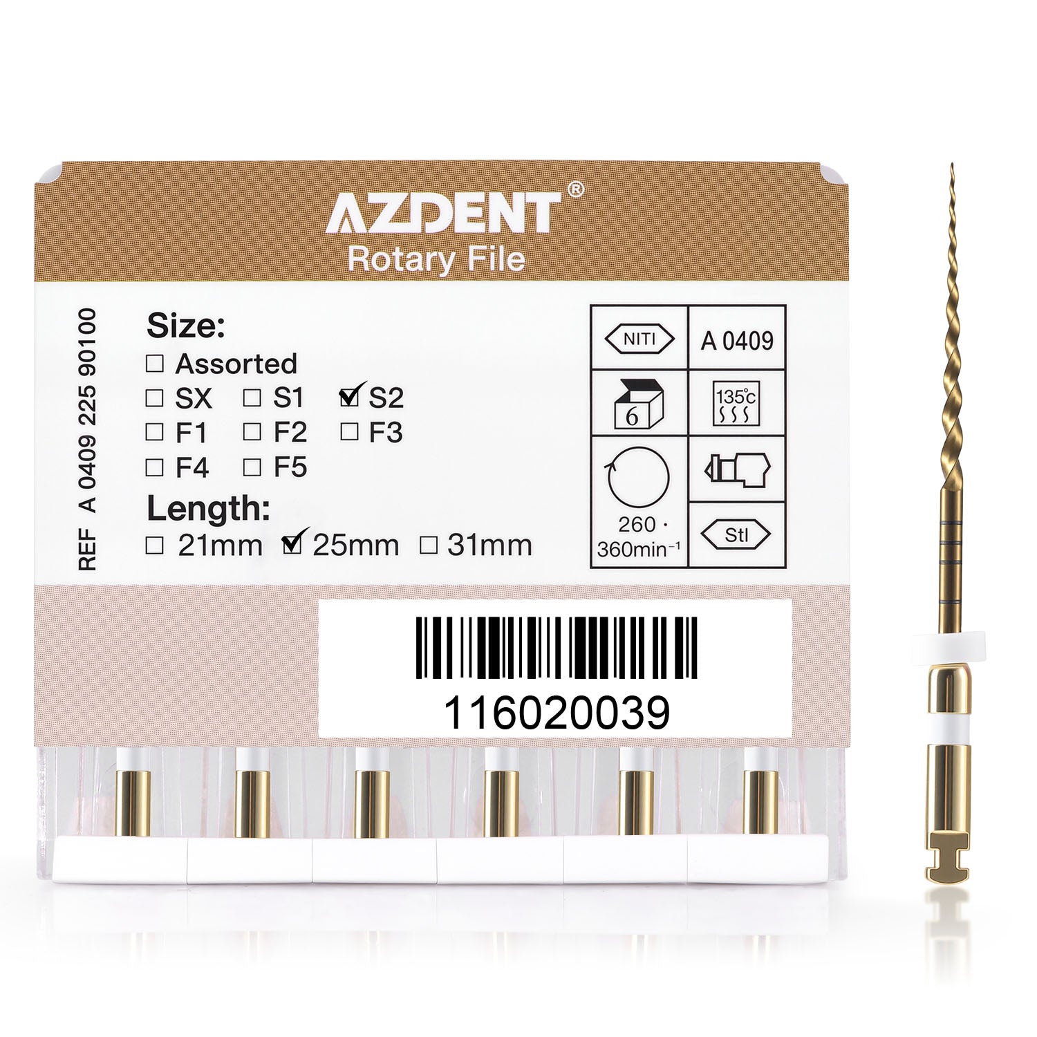 AZDENT Dental NiTi Rotary Engine Files 25mm S2 Gold 6pcs/Pk - azdentall.com