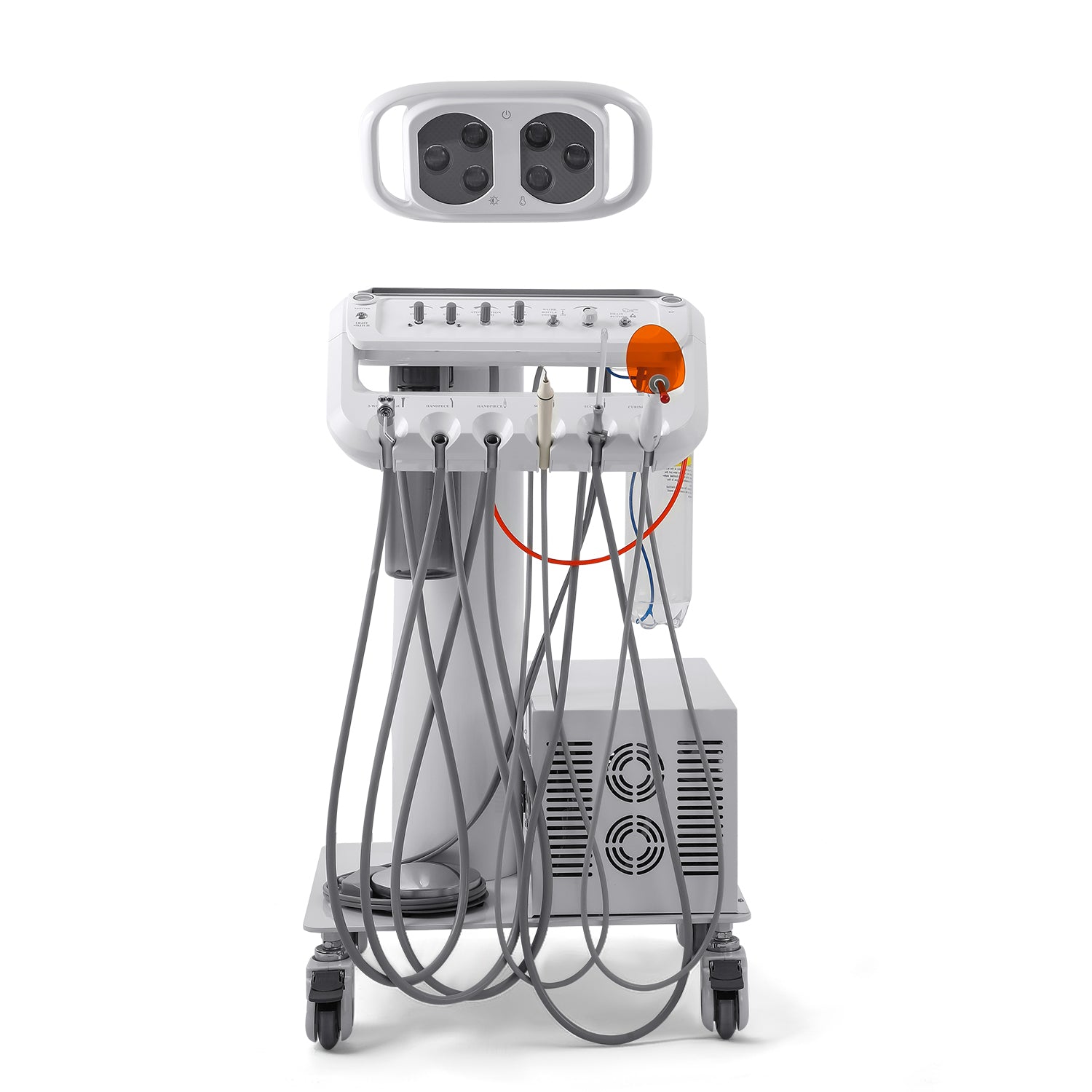 Portable Dental Mobile Cart Delivery Unit 4 Holes with 6 LED Light Lamp & Air Compressor & Woodpecker Scaler and Curing Light - azdentall.com