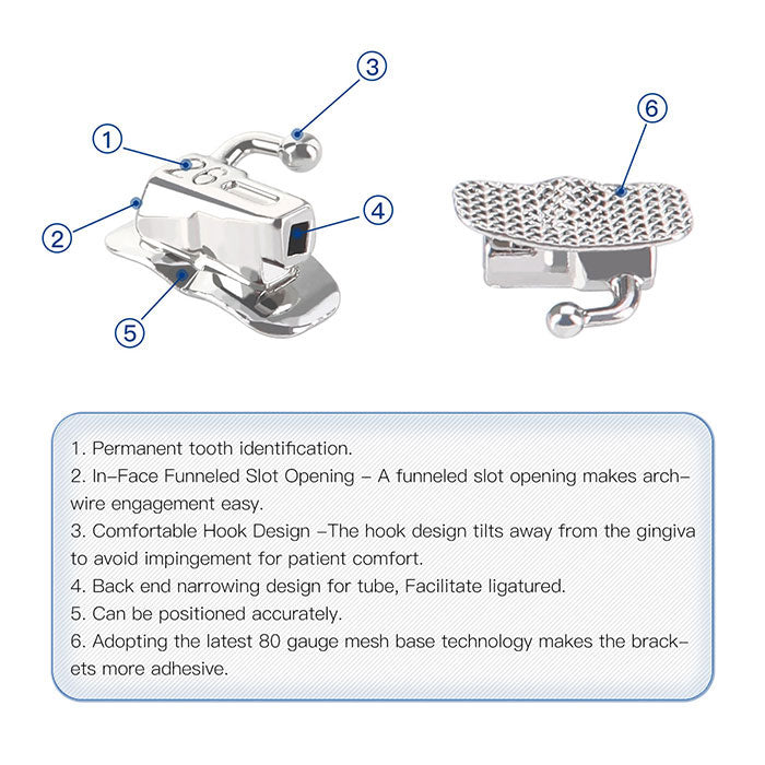 AZDENT Dental Q-type Self-Ligating Brackets MBT .022 Hooks On 345 With Buccal Tubes 28pcs/Box - azdentall.com