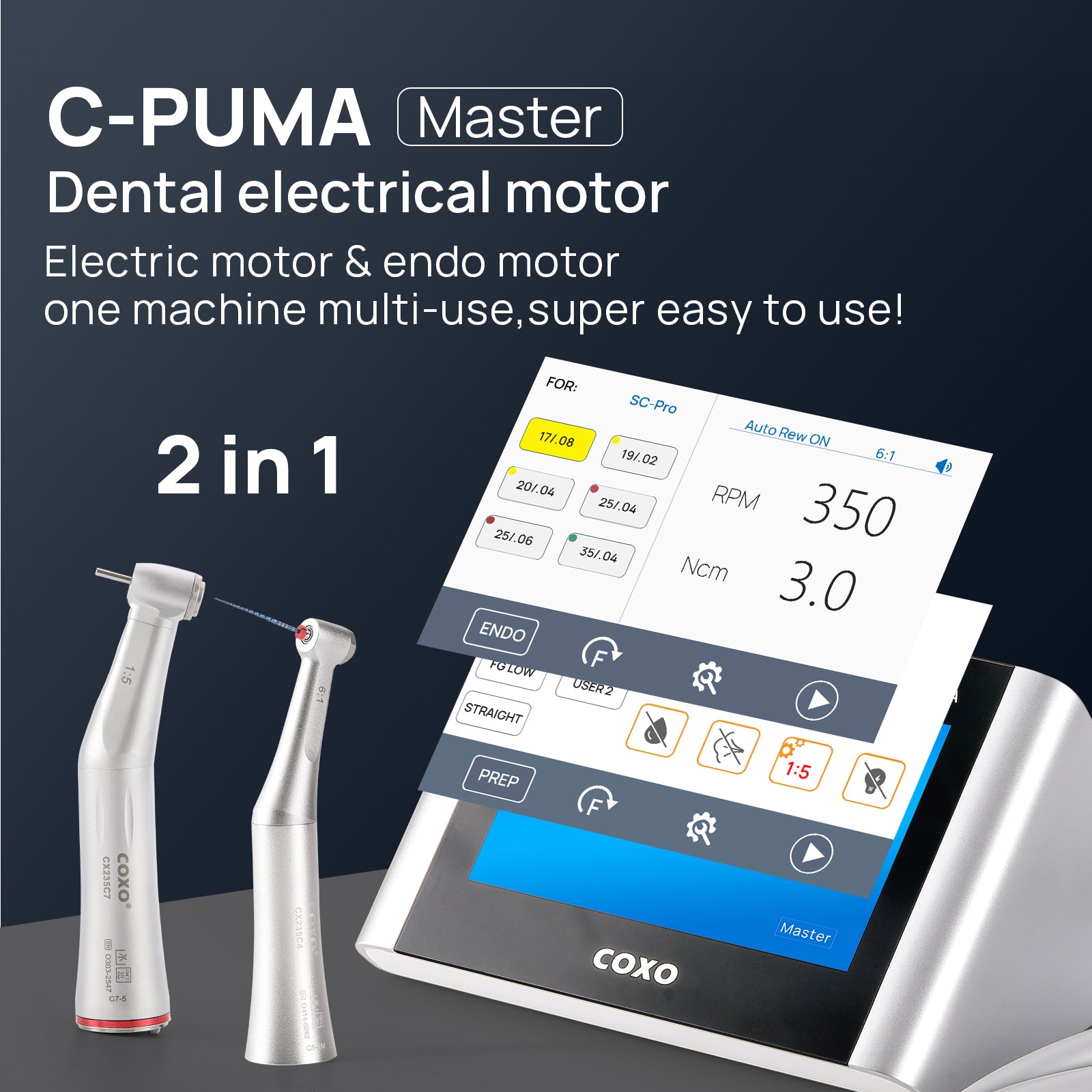 COXO C PUMA Master Dental LED Electric Endo Motor with 1:5 & 6:1 Contra Angle Handpieces - azdentall.com