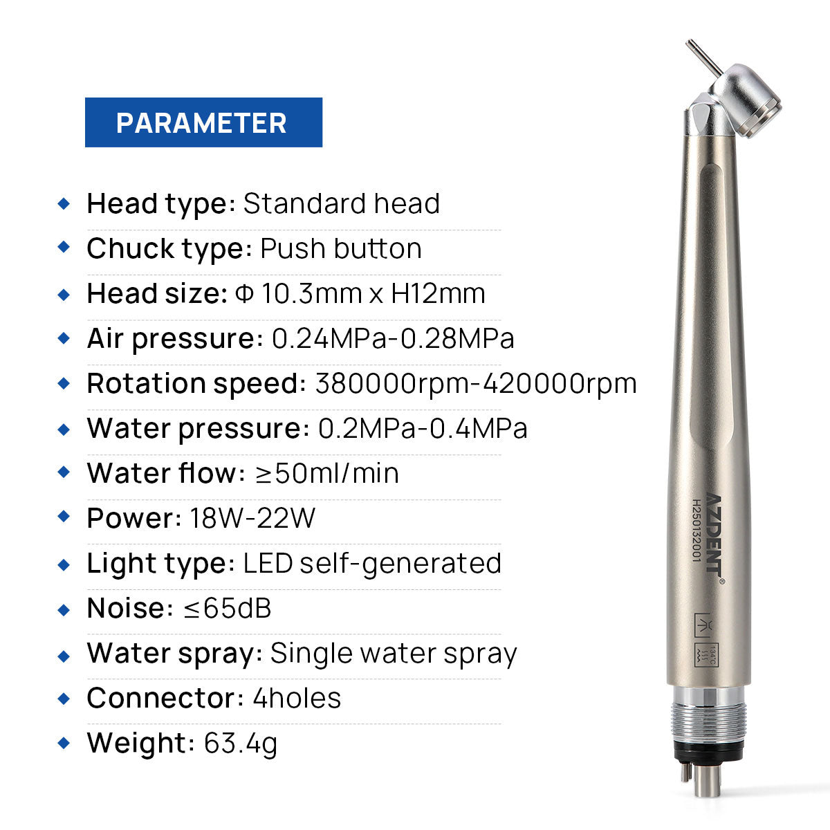 AZDENT Dental 45 Degree LED High Speed Handpiece E-generator Standard Head Push Button 4 Hole - azdentall.com