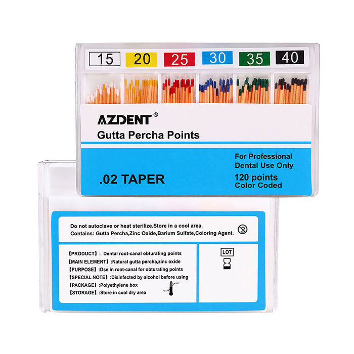 AZDENT Gutta Percha Points Assorted #15-40 Taper Size 0.02 Color Coded 120/Box - azdentall.com