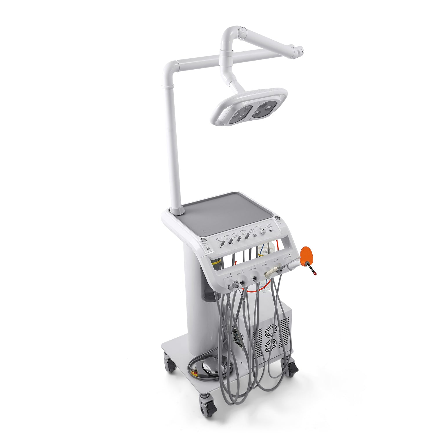 Portable Dental Mobile Cart Delivery Unit 4 Holes with 6 LED Light Lamp & Air Compressor & Woodpecker Scaler and Curing Light - azdentall.com