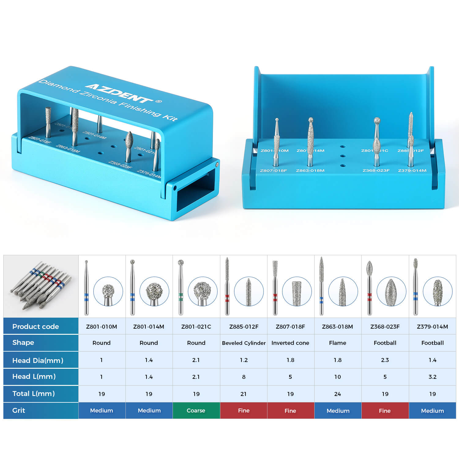 AZDENT Dental Zirconia Diamond Finishing Bur Kit FG 1.6mm Blue 8pcs/Box - azdentall.com