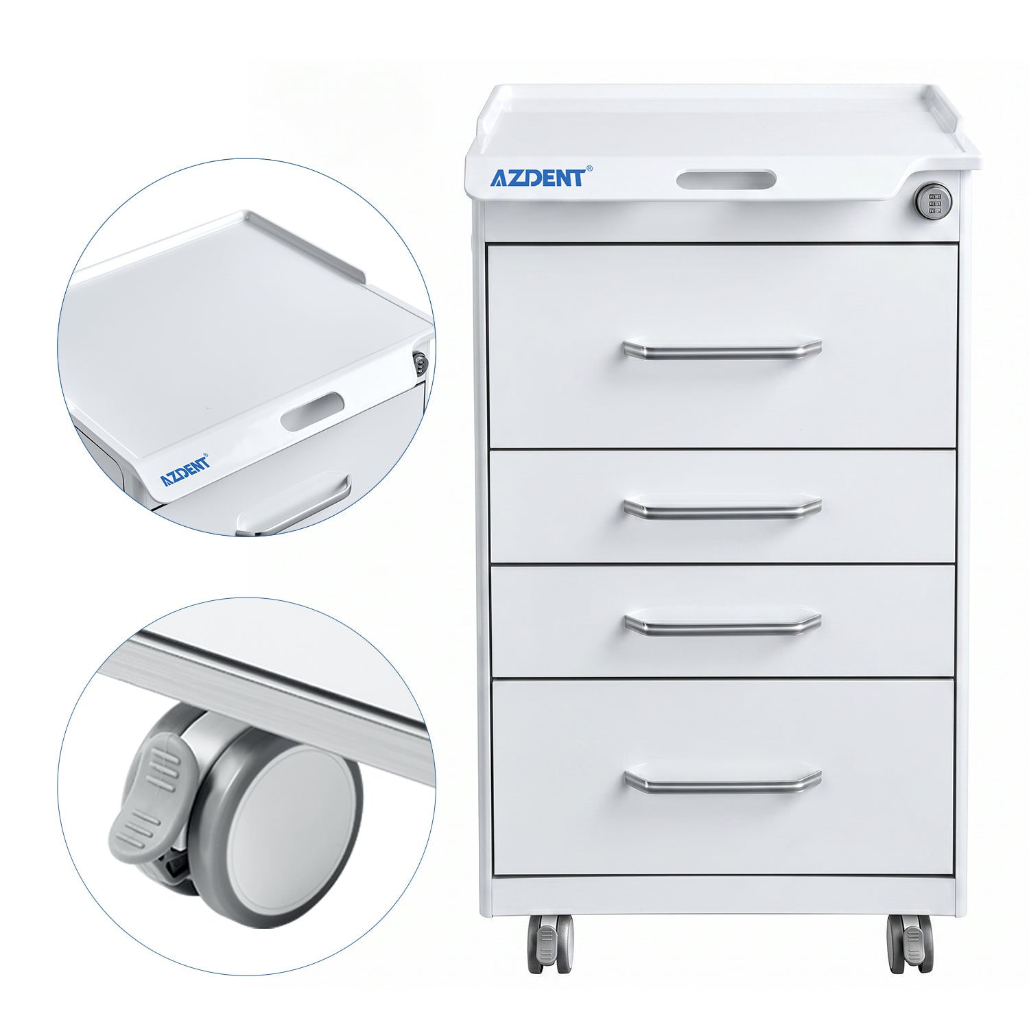 AZDENT Dental Mobile Cabinet Cart 4 Drawers with Hidden Side Auxiliary Drawer Combination Lock Silent Casters and Power Socket  - azdentall.com