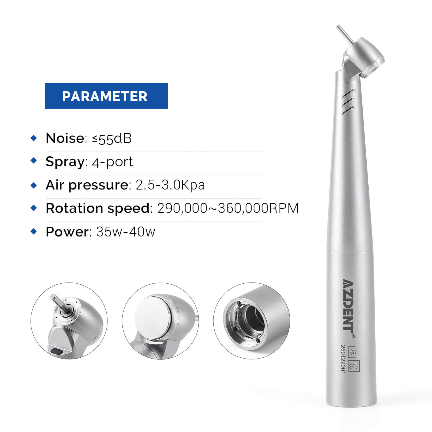 AZDENT Dental LED Fiber Optic 45° High Speed Handpiece Titanium Mini Head Four Water Spray / 4 or 6 Holes Quick Coupler - azdentall.com