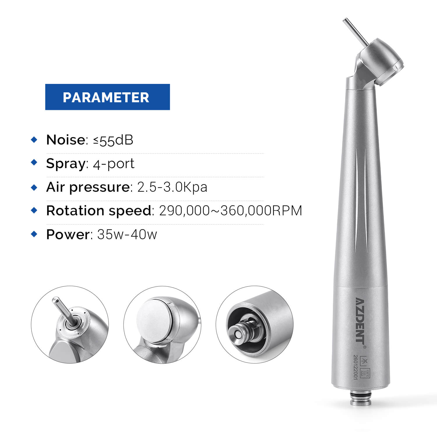 AZDENT Dental LED Fiber Optic 45° High Speed Handpiece Titanium Mini Head Four Water Spray / 6 Holes Quick Coupler - azdentall.com