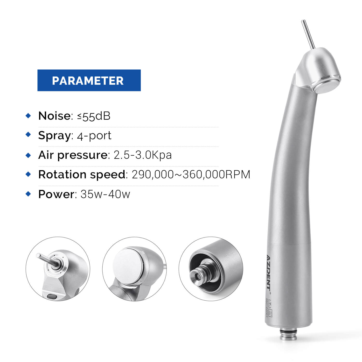 AZDENT Dental LED Fiber Optic 45° High Speed Handpiece Titanium Standard Head Four Water Spray / 6 Holes Quick Coupler - azdentall.com