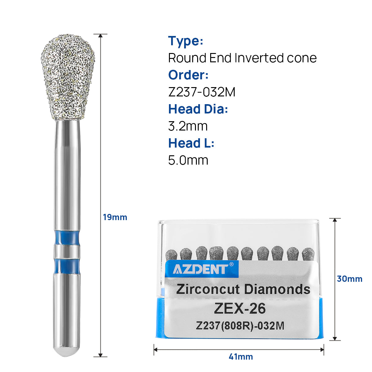 AZDENT Dental Diamond Burs FG Cutting Zirconia Ceramic Round End Inverted Cone for High Speed Handpiece Z237-032M 10pcs/Box - azdentall.com