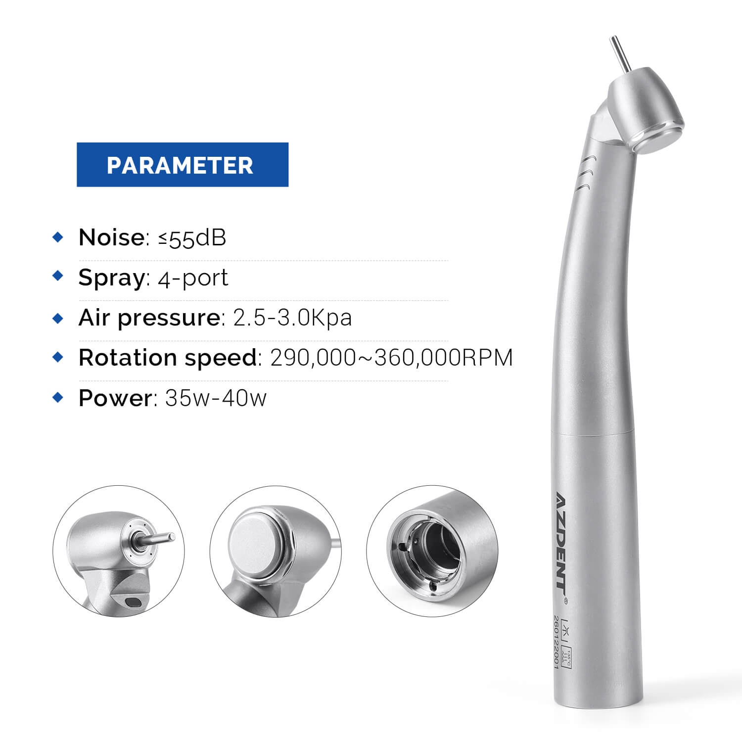 AZDENT Dental LED Fiber Optic 45° High Speed Handpiece Titanium Standard Head Four Water Spray / 4 or 6 Holes Quick Coupler - azdentall.com