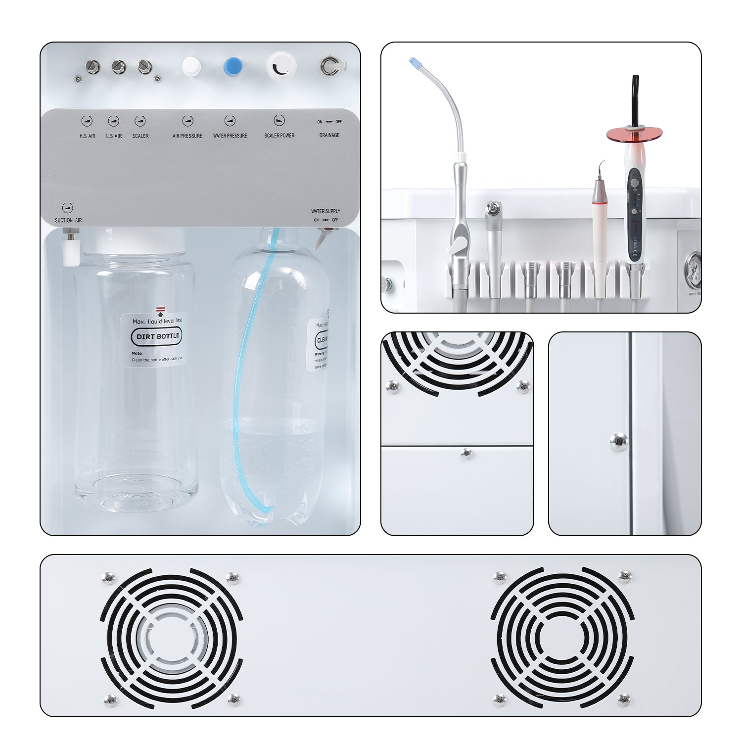 Portable Dental Side Delivery Unit Cabinet Type P212 High Suction 4 Hole w/ Woodpecker Curing Light and Scaler & Air Compressor - azdentall.com