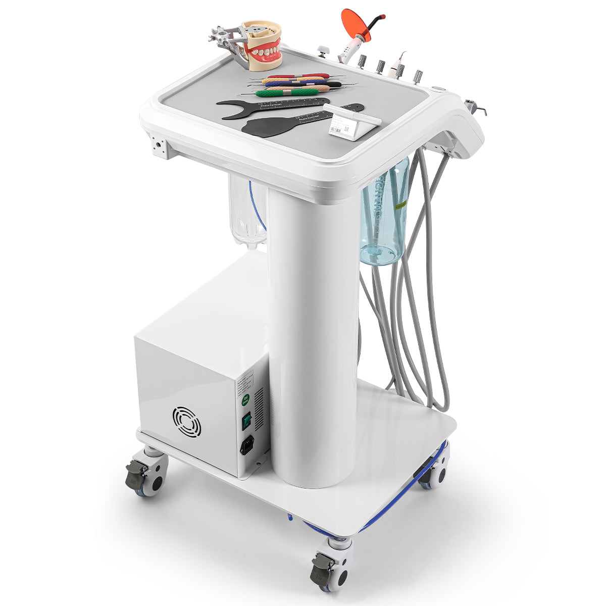 Portable Dental Mobile Cart Delivery Unit 4 Holes with Air Compressor Built-in ultrasonic scaler & Curing light - azdentall.com