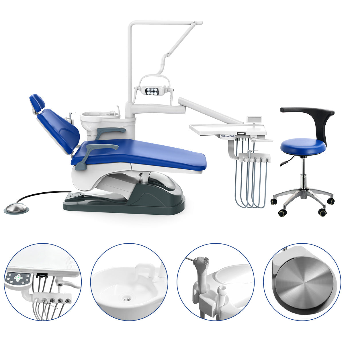 Dental Unit Chair J2688-A1 DC Motor Computer Controlled Hard Leather with Stool Sapphire Blue - azdentall.com