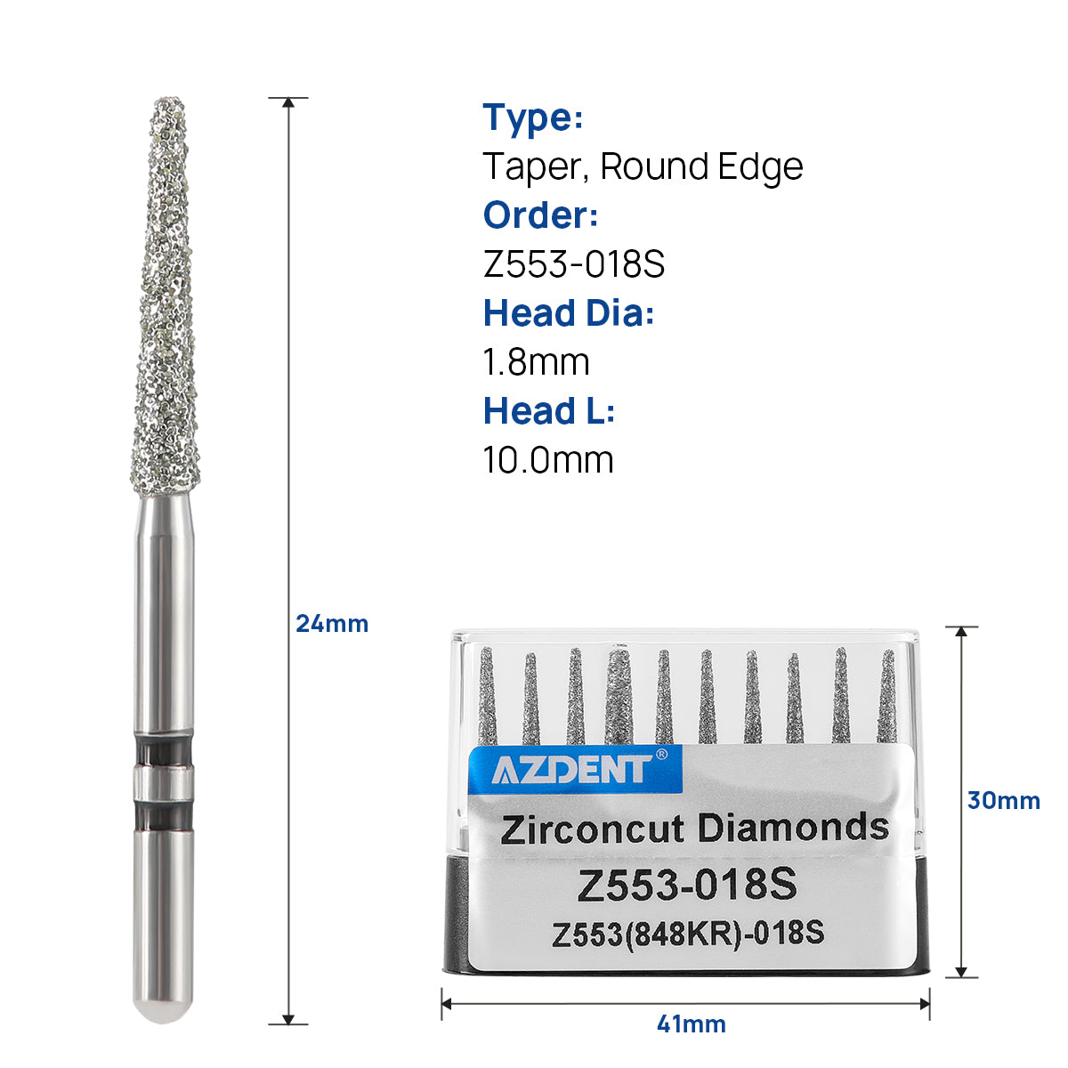 AZDENT Dental Diamond Burs FG Cutting Zirconia Ceramic Taper Round Edge for High Speed Handpiece Z553-018S 10pcs/Box - azdentall.com