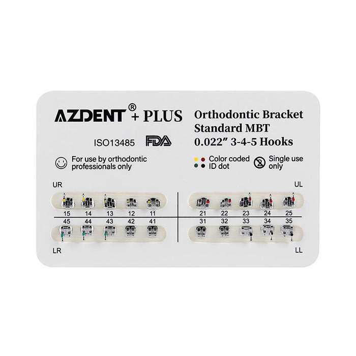 AZDENT PLUS Dental Metal Brackets Braces Standard MBT .022 Hooks 3-4-5 20pcs/Pack - azdentall.com