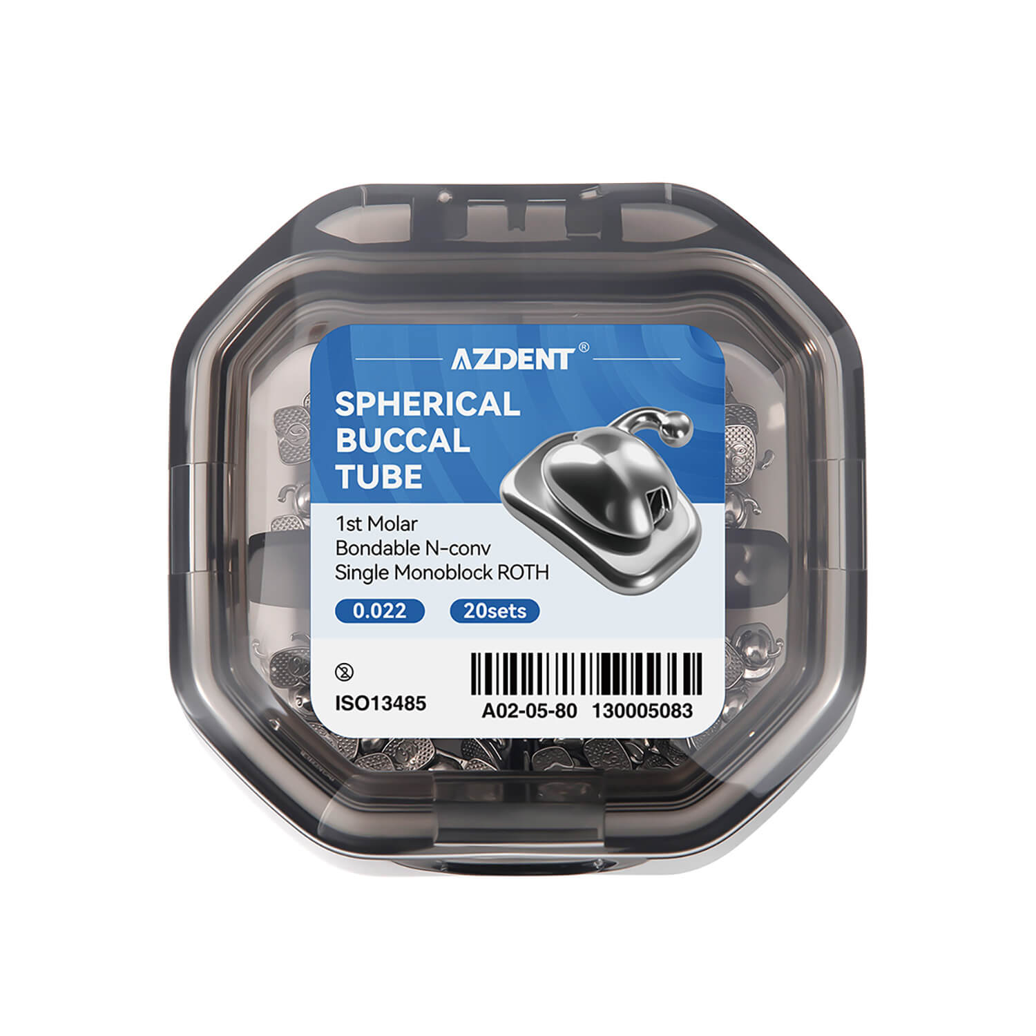 AZDENT Spherical Buccal Tube 1st Molar Bondable Monoblock Non-Convertible Single Roth/MBT 0.022 20Sets/Box - azdentall.com