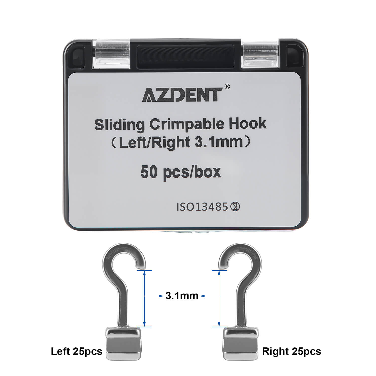 AZDENT Orthodontic Sliding Crimpable Hooks Long Right+Left Curved 3.1mm 50Pcs/Box - azdentall.com