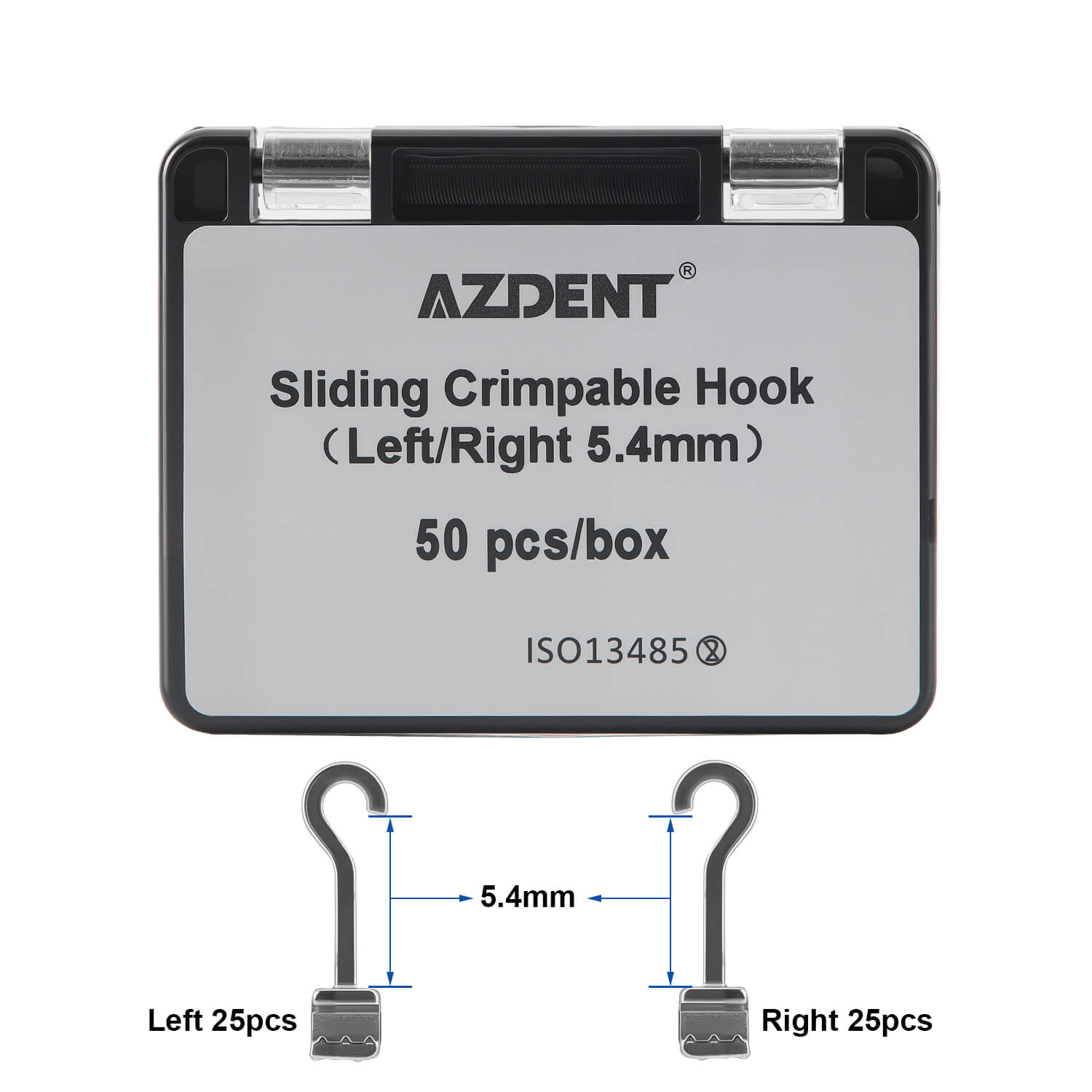AZDENT Orthodontic Sliding Crimpable Hooks Long Right+Left Curved 50Pc