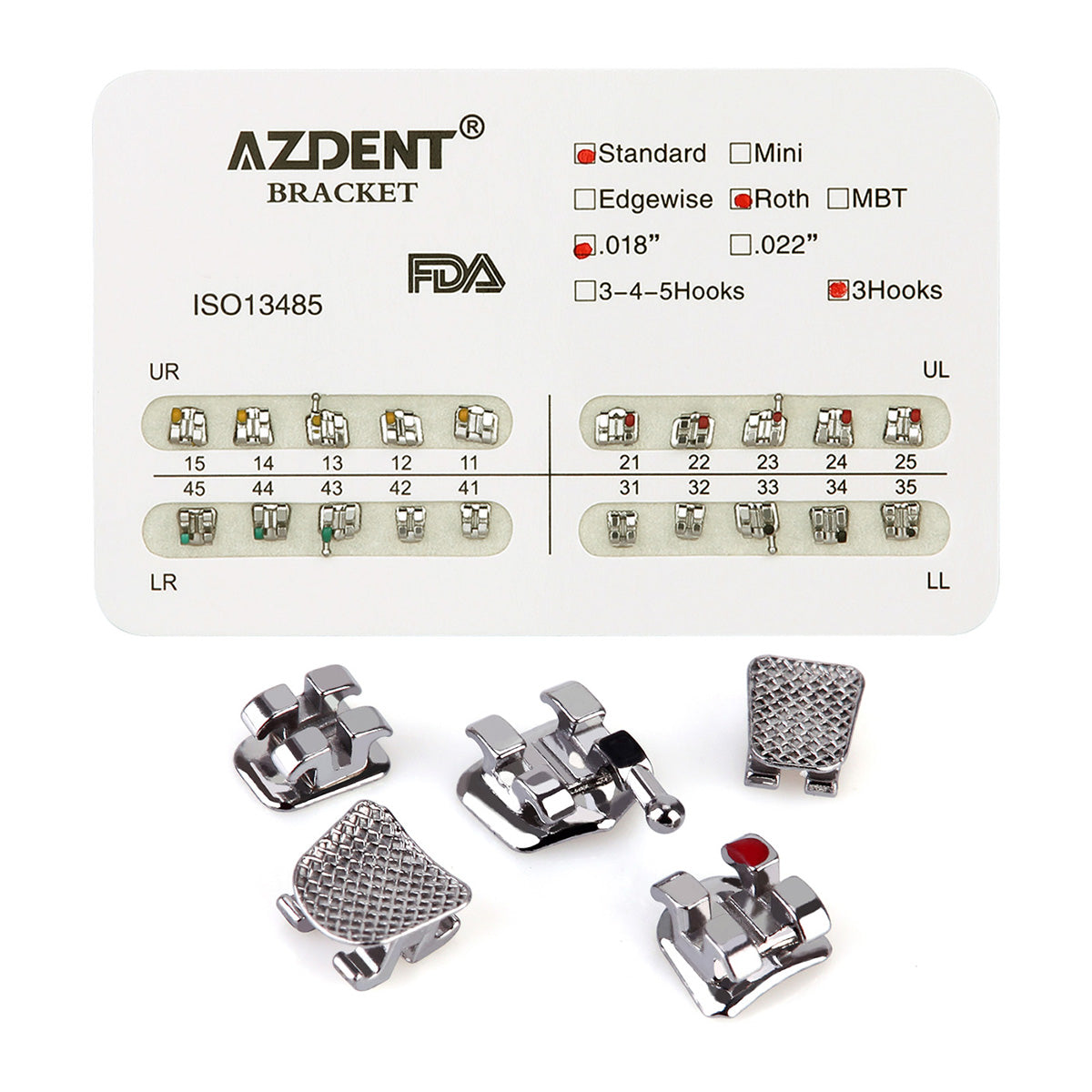 AZDENT Dental Metal Brackets Standard Roth Slot .018 Hooks on 3 20pcs/Pk - azdentall.com