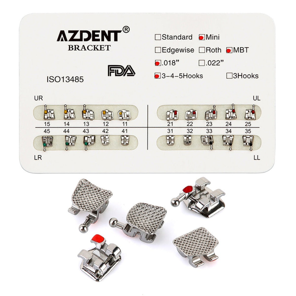 AZDENT Dental Metal Brackets Mini MBT Slot .018 Hooks on 345 20pcs/Pack - azdentall.com